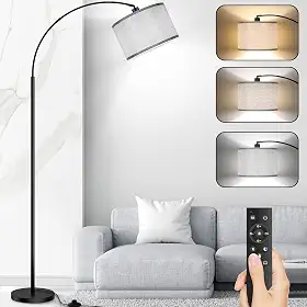 Lâmpadas de Piso em Arco para Sala de Estar, Lâmpada de Pé Moderna com Controle Remoto e Dimerização Contínua, Lâmpada Alta Preta com Abajur de Tambor Gary, Luz de Leitura Arqueada Sobre O Sofá