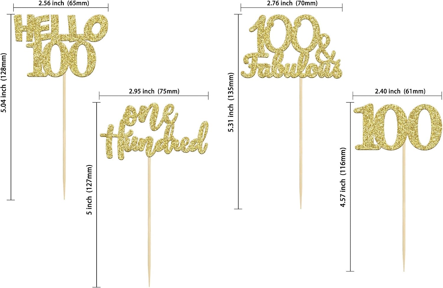 Gyufise 24Pcs Gold Glitter 100th Birthday Cupcake Toppers Hello 100 One Hundred Cake Toppers 100 & fabulous Cupcake Picks for 100th Birthday Cake Decorations Supplies - Image 3