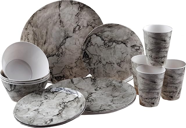 Home Connection Melamine Plastic Dinner Set - Marble Design Plate Cup Bowl (16 Piece Set)