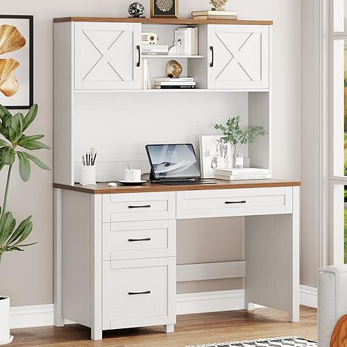 Miniatura 6 de Farmhouse - Escritorio ejecutivo de 67 pulgadas de alto con gabinete, 4 cajones y luz LED, escritorio para computadora con gabinete de