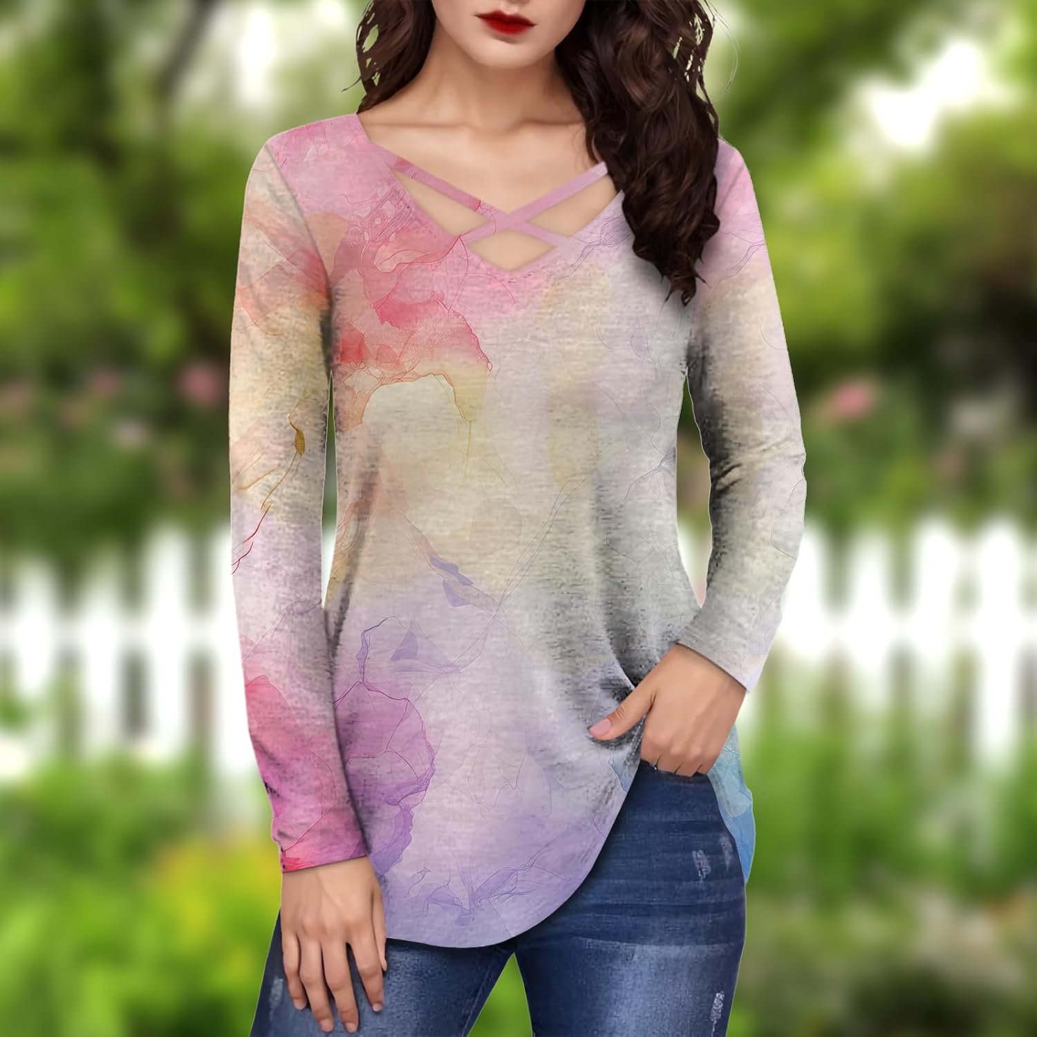 Tunic Tops for Women Long Sleeve Plus Size Soft Summer V Neck Flowy Casual Loose Fit Daily Work Vacation Tee - Image 2