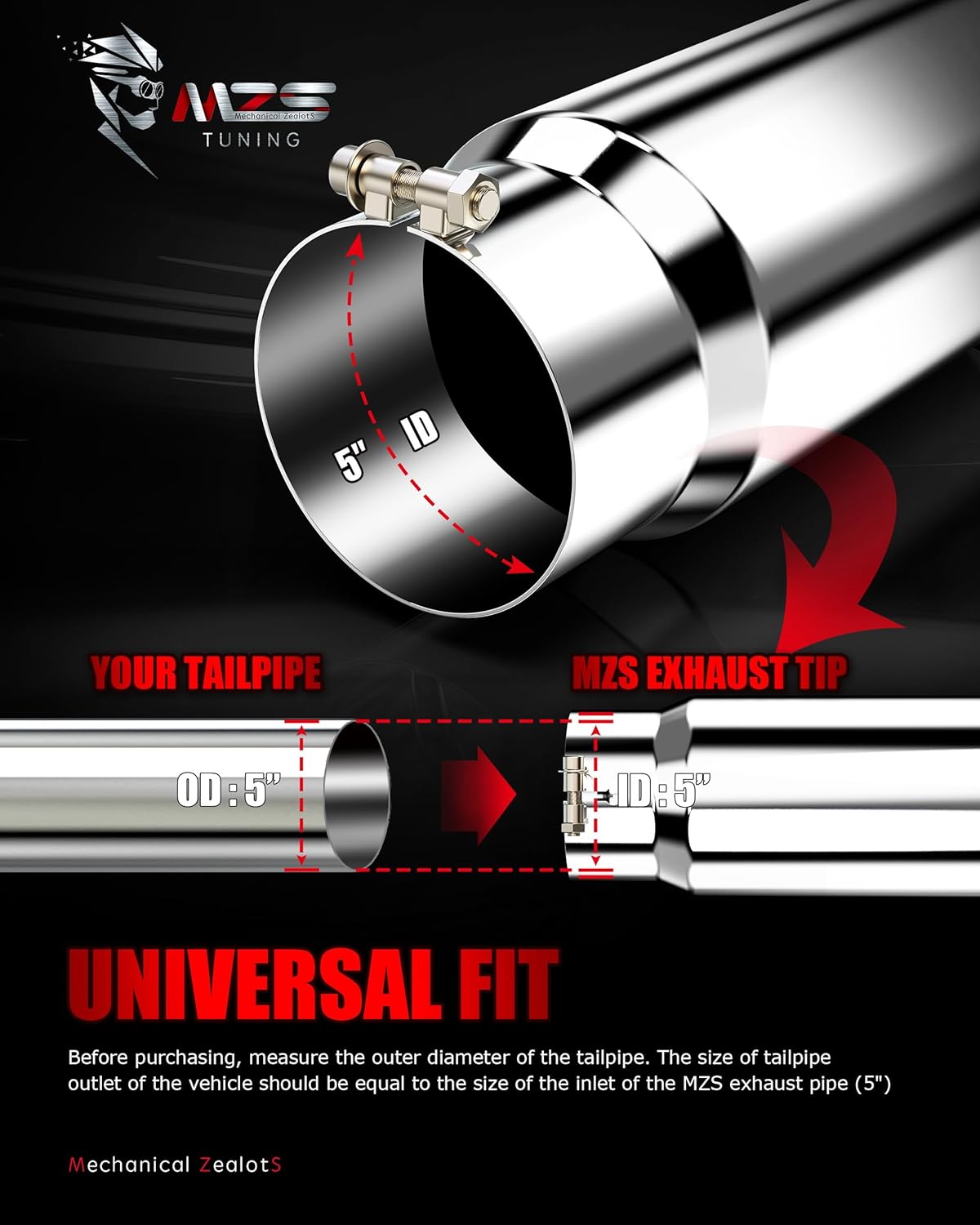 MZS Exhaust Tip, Stainless Steel 5" Inlet 6" Outlet 15" Length Exhaust Tailpipe Universal Slant Angle Cut