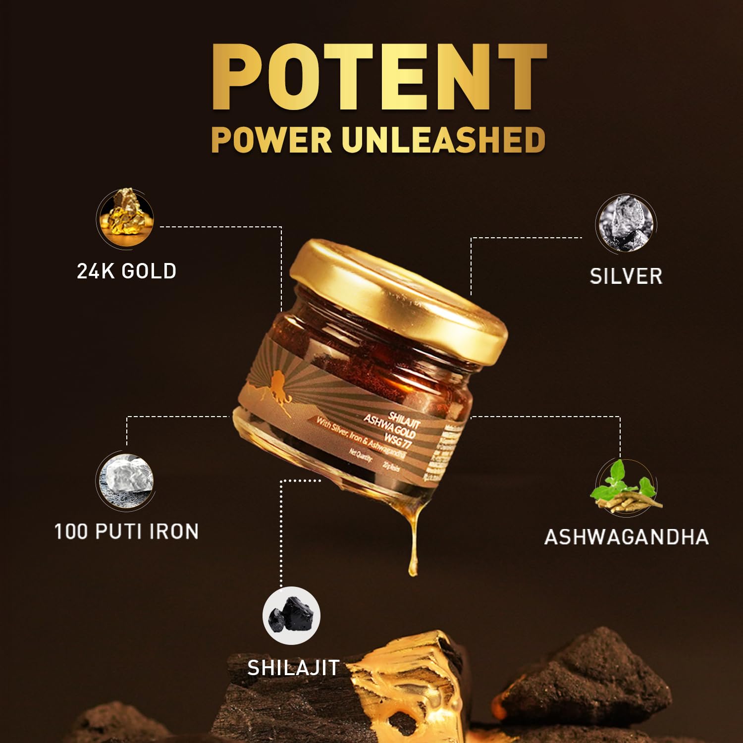 Koshaveda Shilajit Ashwa Gold WSG 77 by Muscleblaze (20G) | Silver, Iron and Ashwagandha firm Koshaveda Shilajit Ashwa Gold WSG 77 by Muscleblaze (20G) | Silver, Iron and Ashwagandha firm