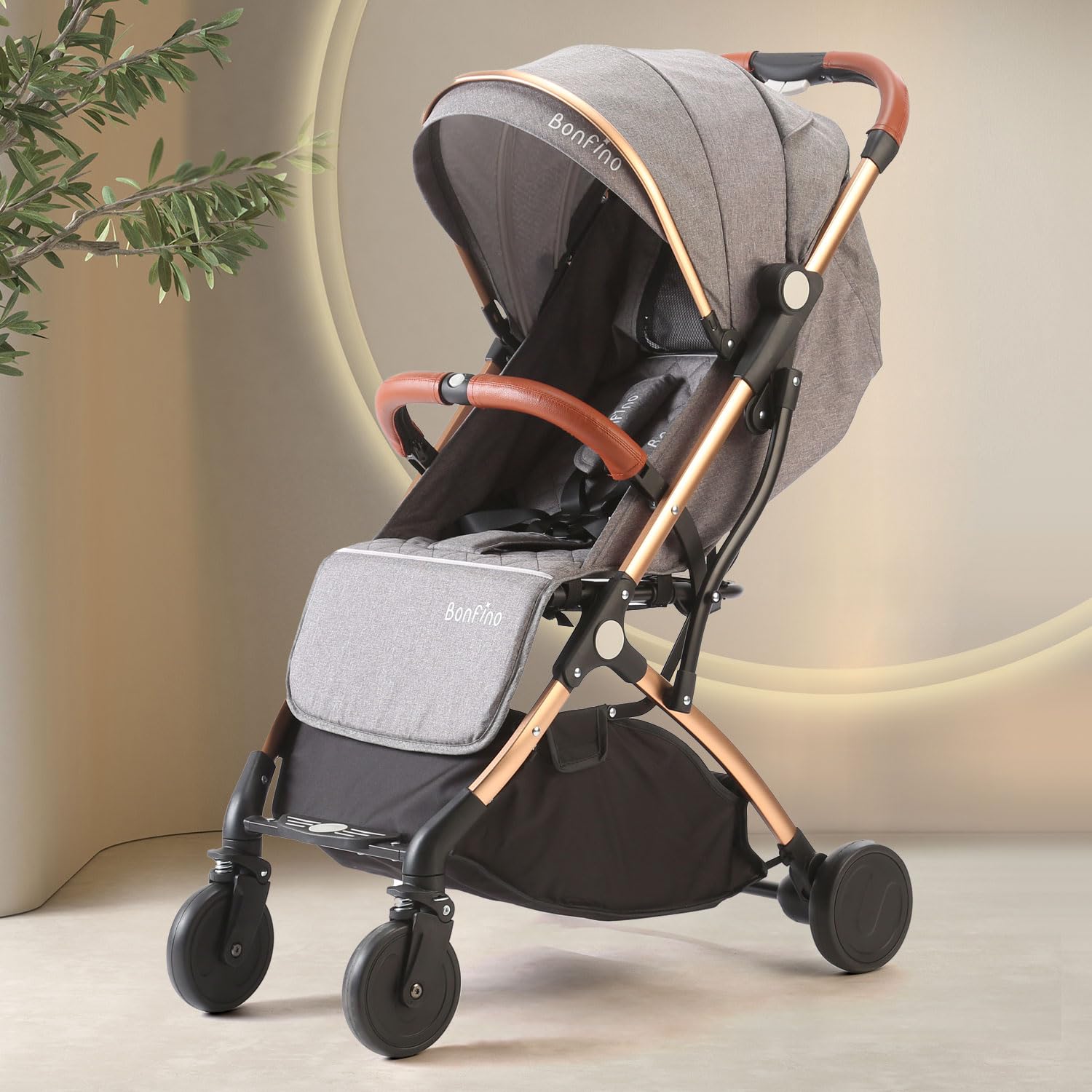 Bonfino Premium Runway Cabin Stroller Adjustable Canopy & Reclining Seat, Foldable Baby Pram with 5 Point Safety Harness, Storage Bag, Mosquito Net & Bottle Holder,Trolley Handle,0-3 Years, Light Grey-picture-17