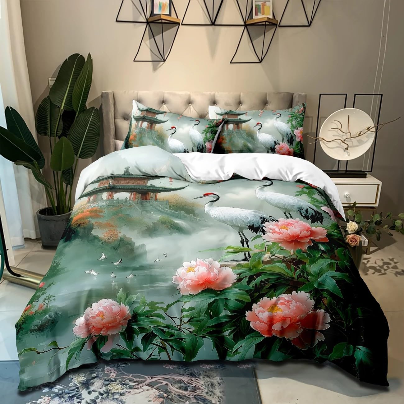 Housse de couette 140x200 pivoine et grue en microfibre douce avec 2 taies d'oreiller