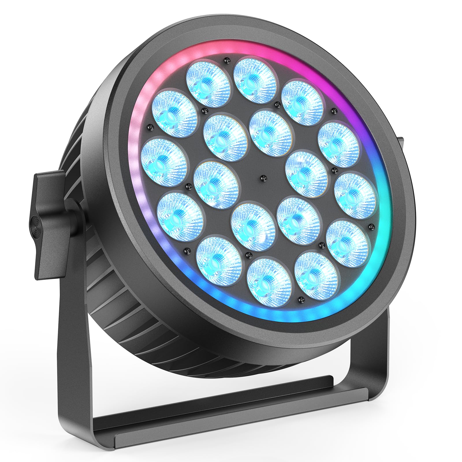 Par LED DMX, 18x10W RGBW Silenziosi Luci Discoteca con Anello RGB, Luci da Palcoscenico Faretti con Suono Attivato e Strobo, 4 Modalità Illuminazione Luci Palco per DJ Feste Halloween Natale