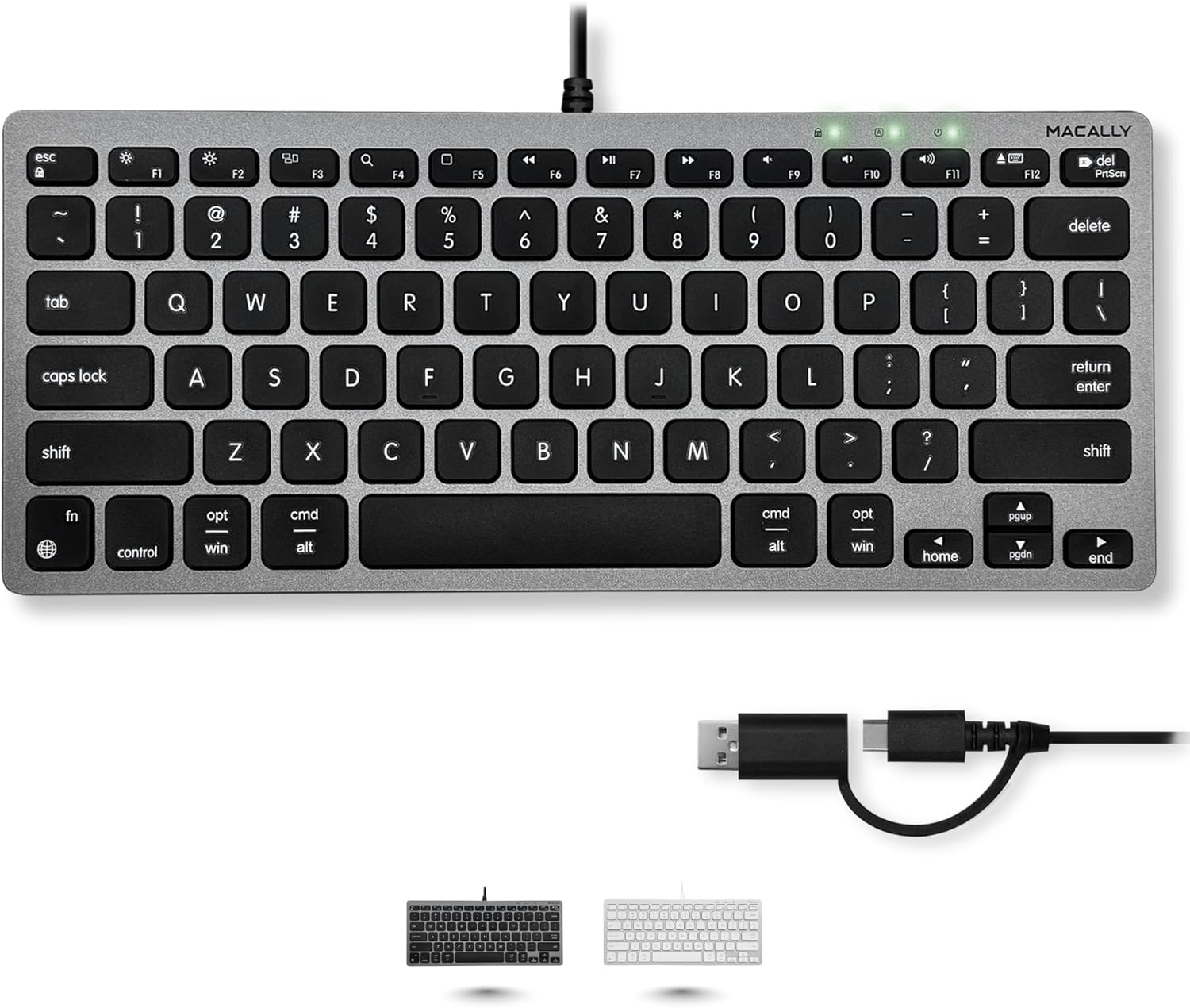 Macally Small Wired Keyboard for Mac and PC (Dual USB C + A) - Save Space, 78-Key Layout with 13 Shortcuts, Type C - Compact USB C Keyboard for MacBook, iMac, iPad, iPhone - Space Gray