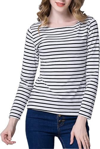 Tulucky Women's Casual Long Sleeve Shirts Stripe Tees Round 