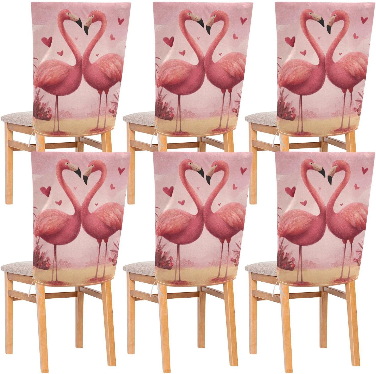 ALAZA Hearts Flamingo Birds Chair Back Cover Set of 6, Washable Reusable Removable Chair Slipcovers Decorative Chair Cover for Home Kitchen Wedding Party