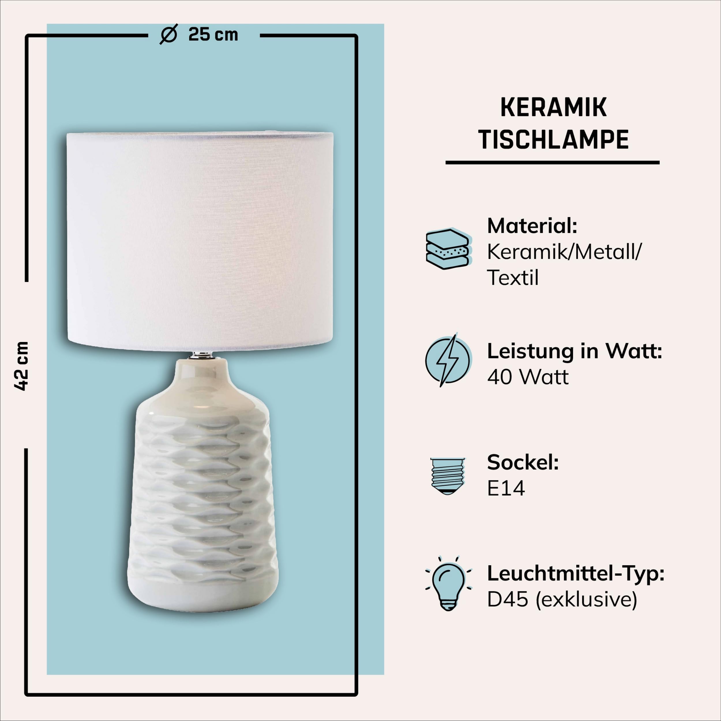 Lightbox Keramik Tischlampe - graue Tischleuchte mit weißem Stoffschirm - Lampe für Wohnzimmer & Schlafzimmer - exkl. E14 LED