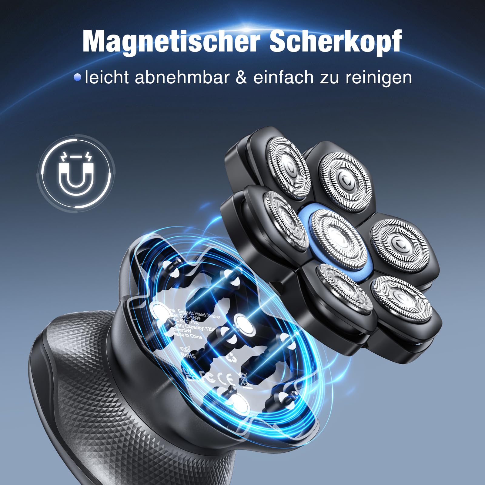 Glatzen Rasierer Herren, kensen Kopfrasierer Glatze 7D Bold Shaver Magnetische Head Shaver Trocken Und Nass Bald Shaver Typ-C Akku Kopfrasierer Herren Elektrisch Wasserdicht Glatzenschneider 2 Stufen