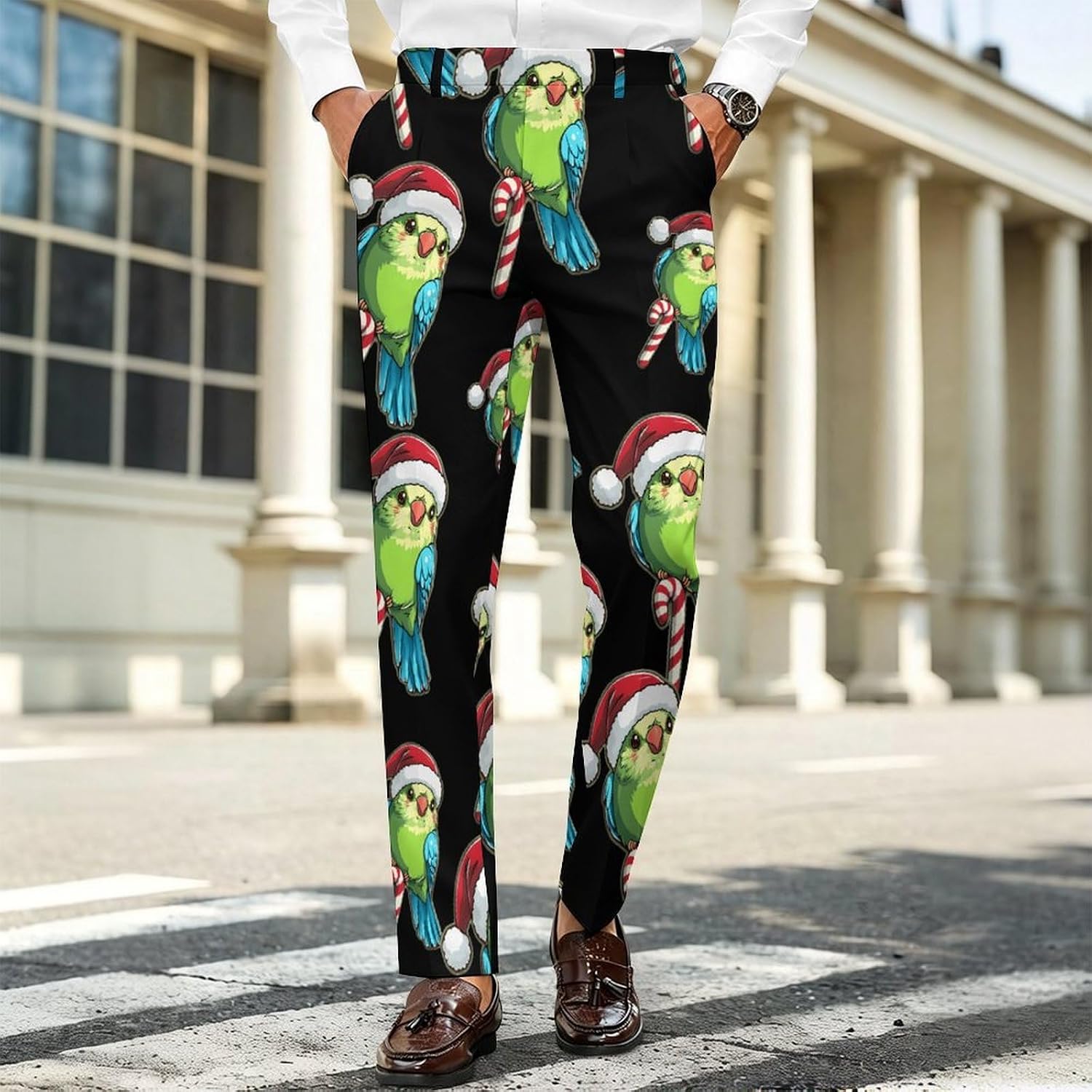 Green Budgie Santa Hat Candy Cane Men's Classic Fit Suit Pants Straight Leg Design Printed Trousers