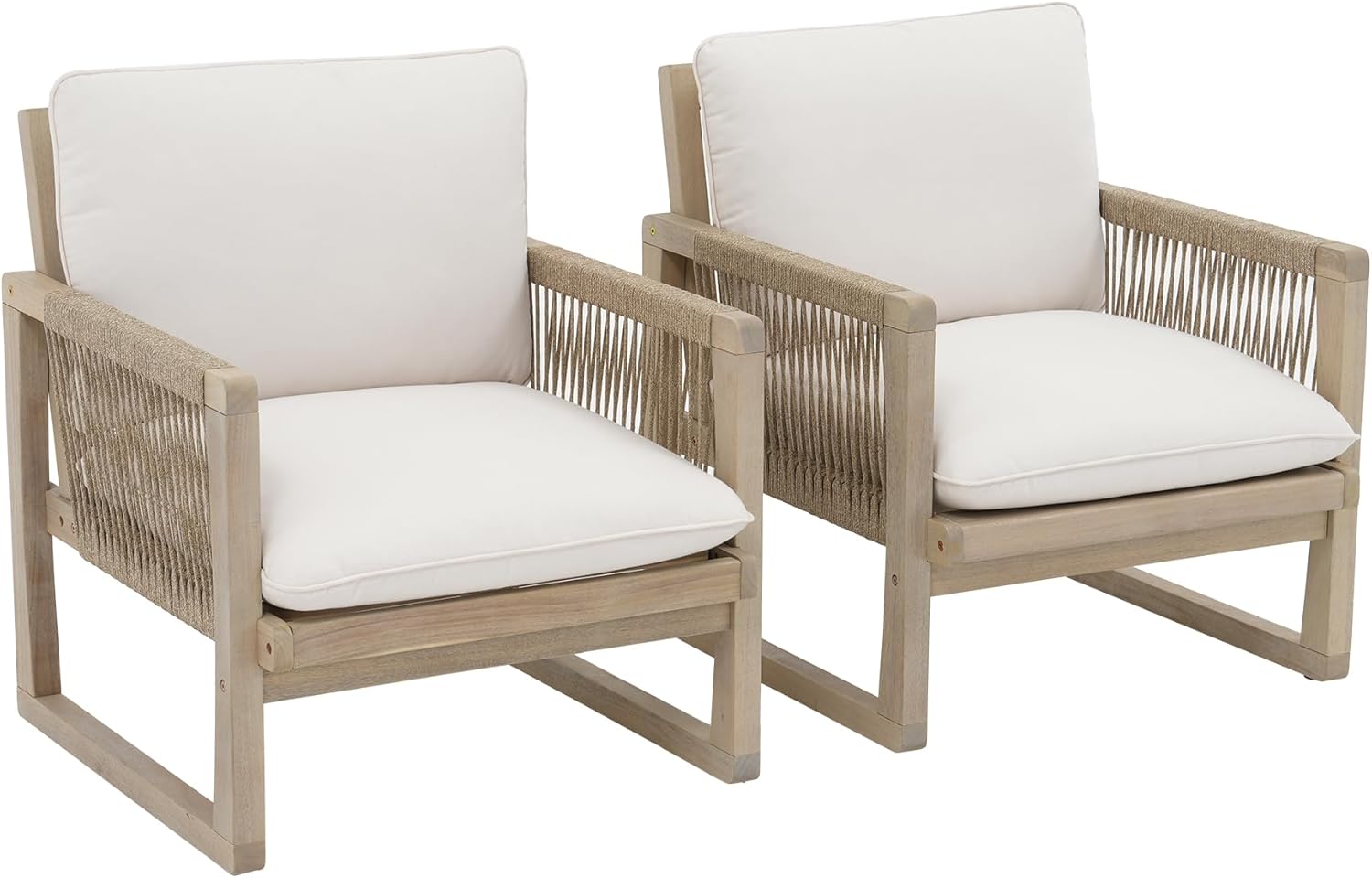 SUNSITT 2-Piece Acacia Wood Patio Furniture Set, Outdoor Dining Chair with Removable Cream White Cushions and Woven Rope Back for Porch, Backyard, and Poolside