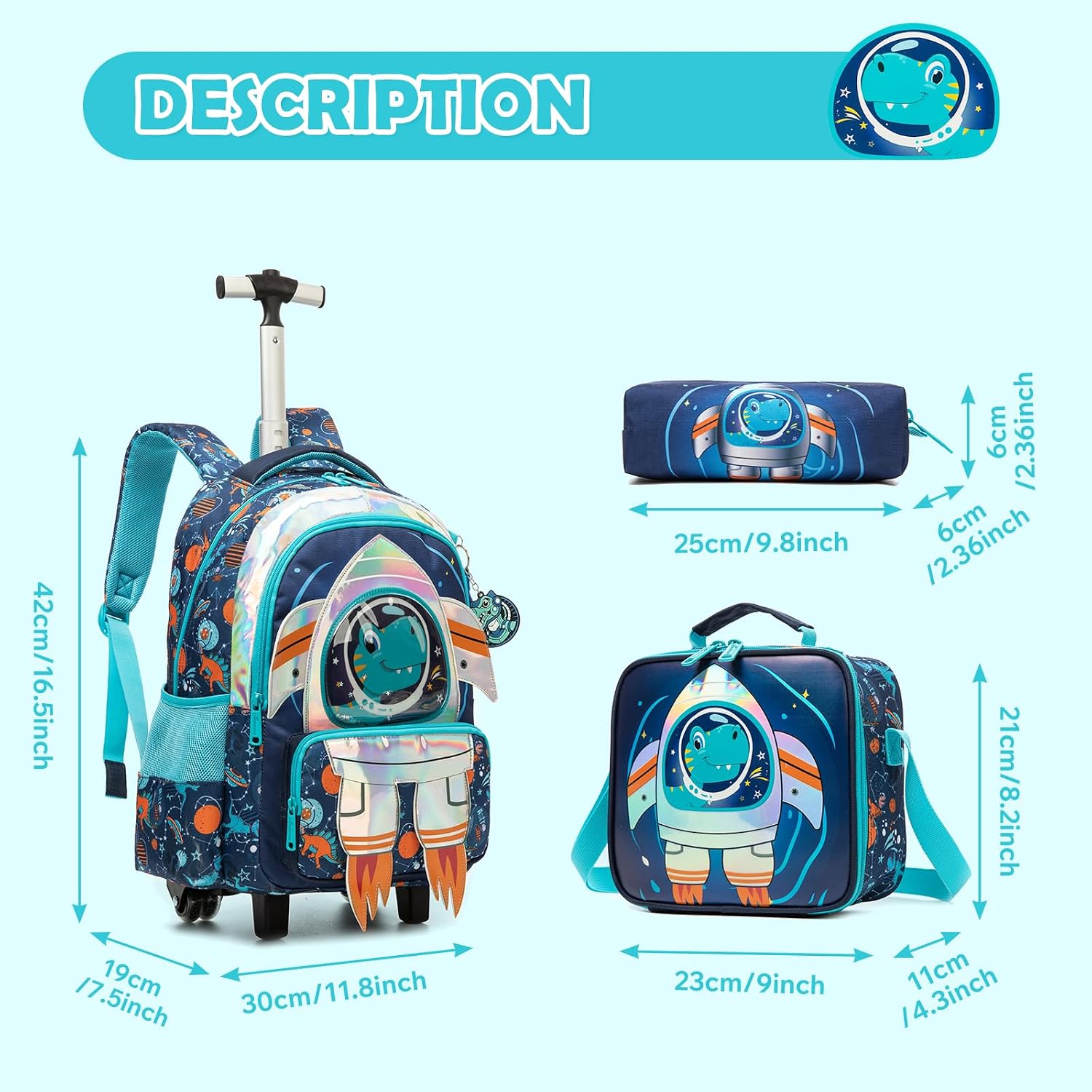 Kids Rolling Backpack for Boys Space Shuttle Trolley Suitcases Luggage with Wheels Bookbag Wheeled 3pcs Preschool Students Elementary Teenagers Lunch Box Pencil Case Blue for Age 5-10 image 2