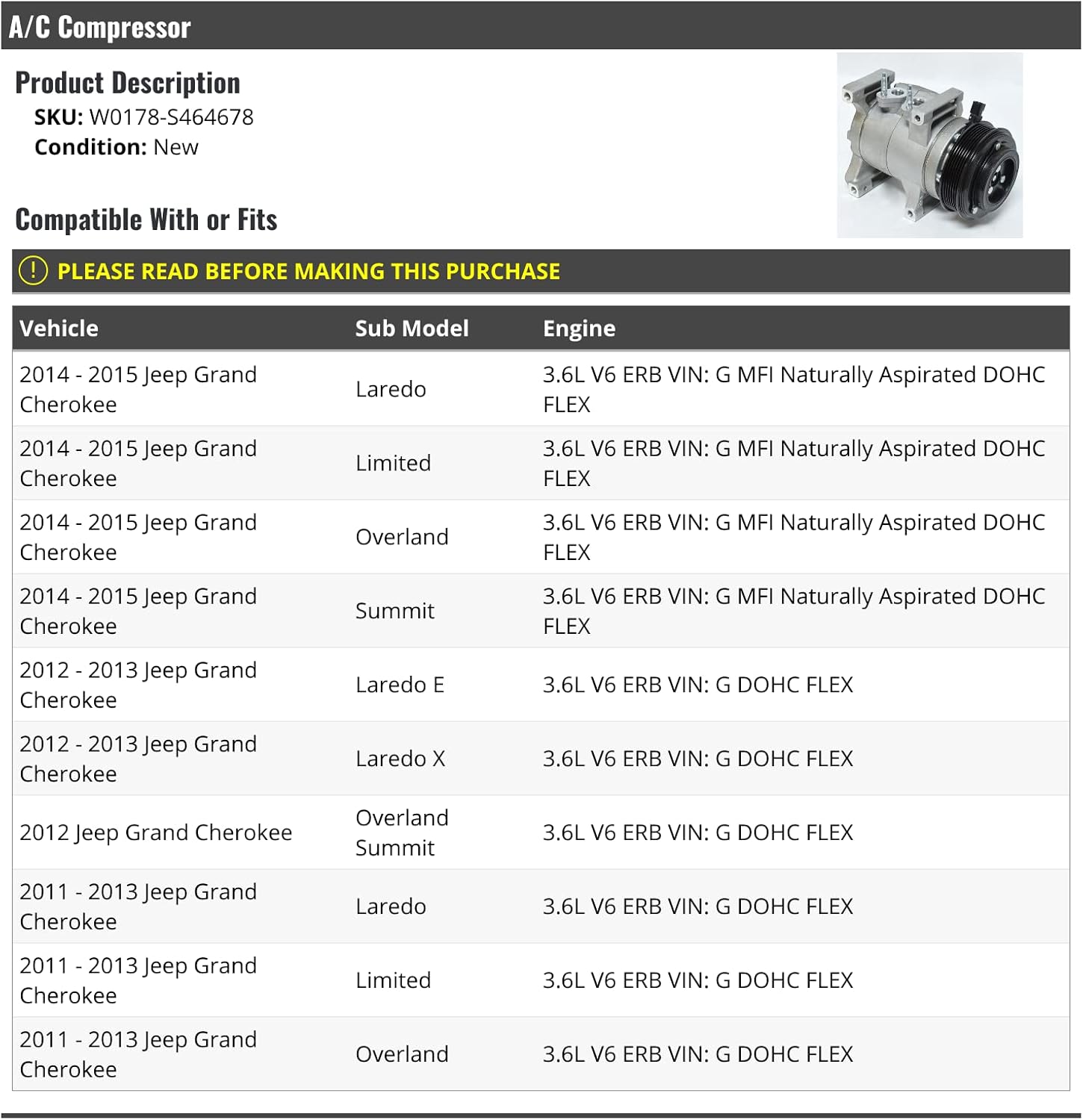 A/C Compressor - Compatible with 2011-2015 Jeep Grand Cherokee 3.6L V6 ERB VIN G