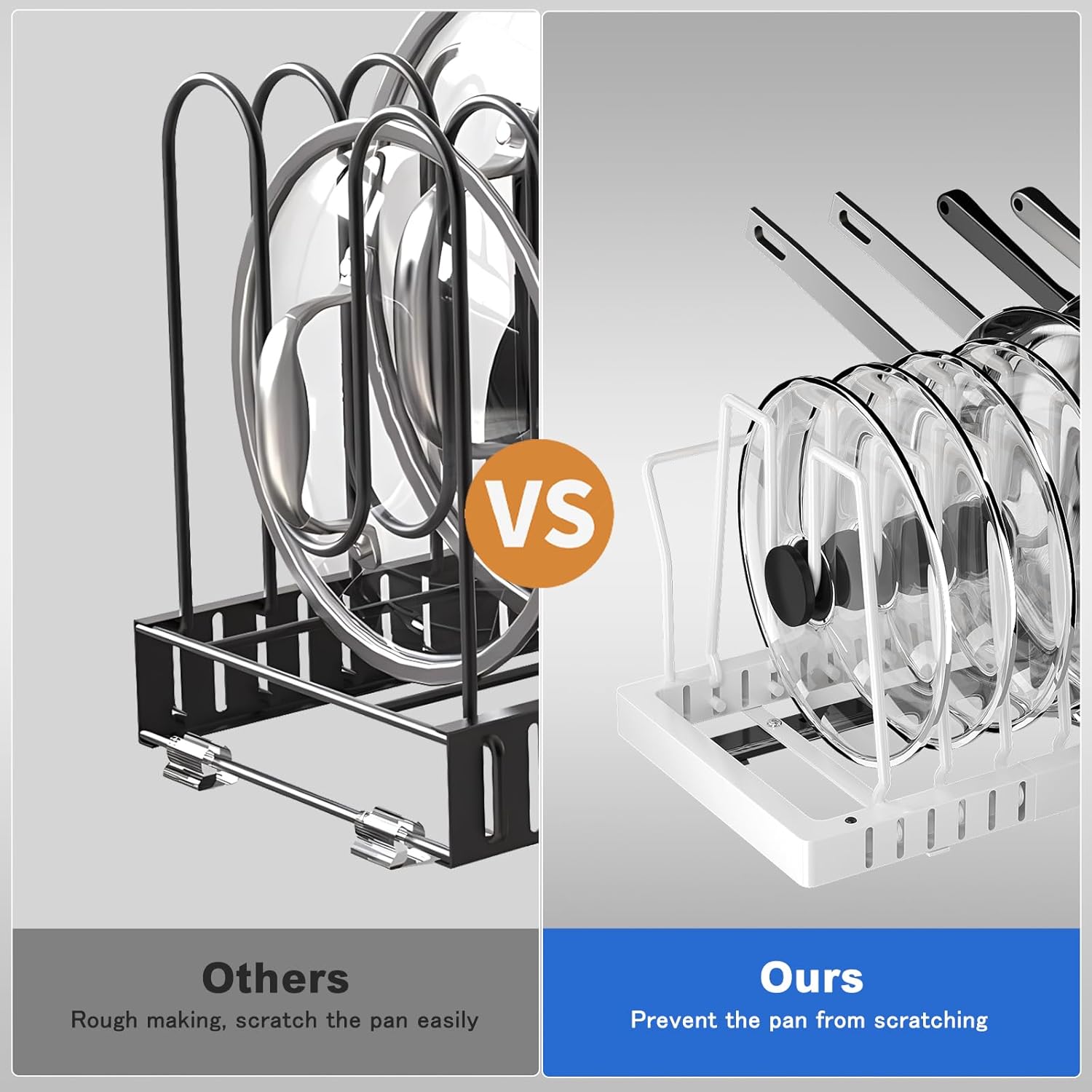 Pots and Pans Organizer Under Cabinet, 21.6" Deep Pull Out Pot Lid Organizer Holder with Guardrail Adhesive Pot and Pan Holder Rack with 10 Adjustable Dividers-1 Pack(White)