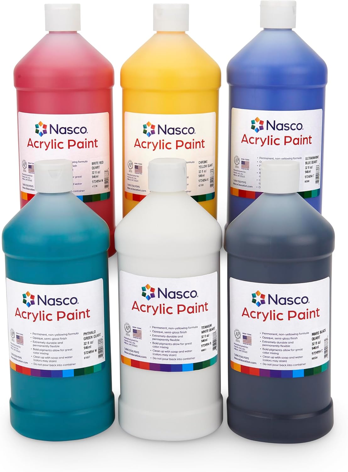 Nasco 9736645 Acrylic Paint Set, 6 Count, Quart 32 oz