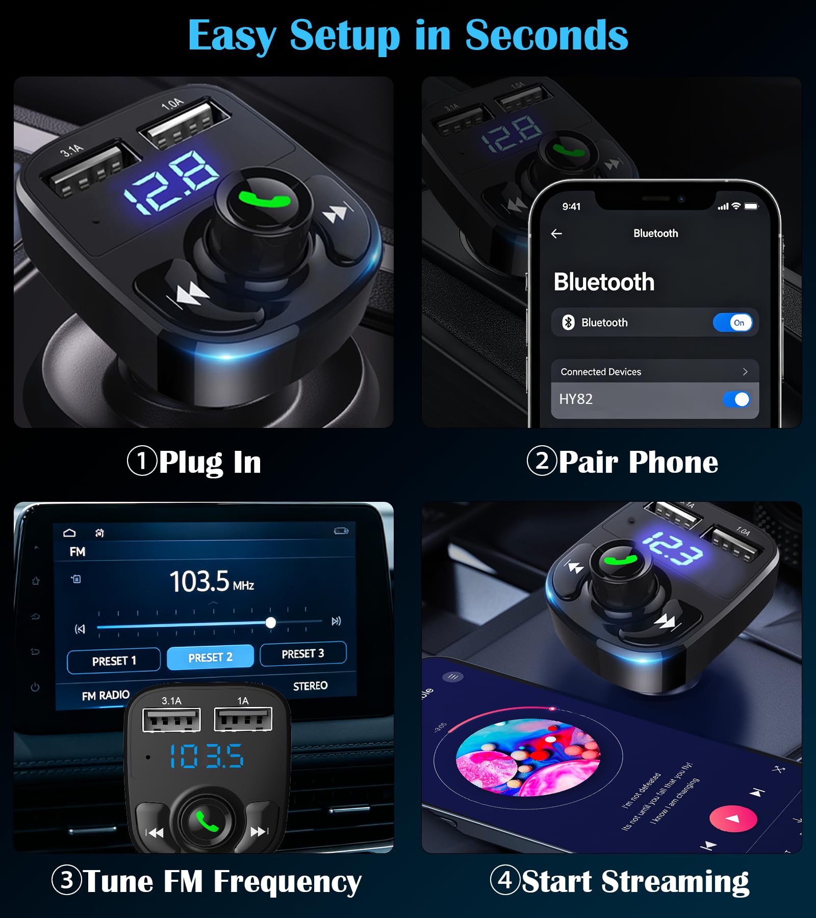 LIHAN Bluetooth Car Adapter 5.3, FM Transmitter, Dual USB Charger — Amazon image 6
