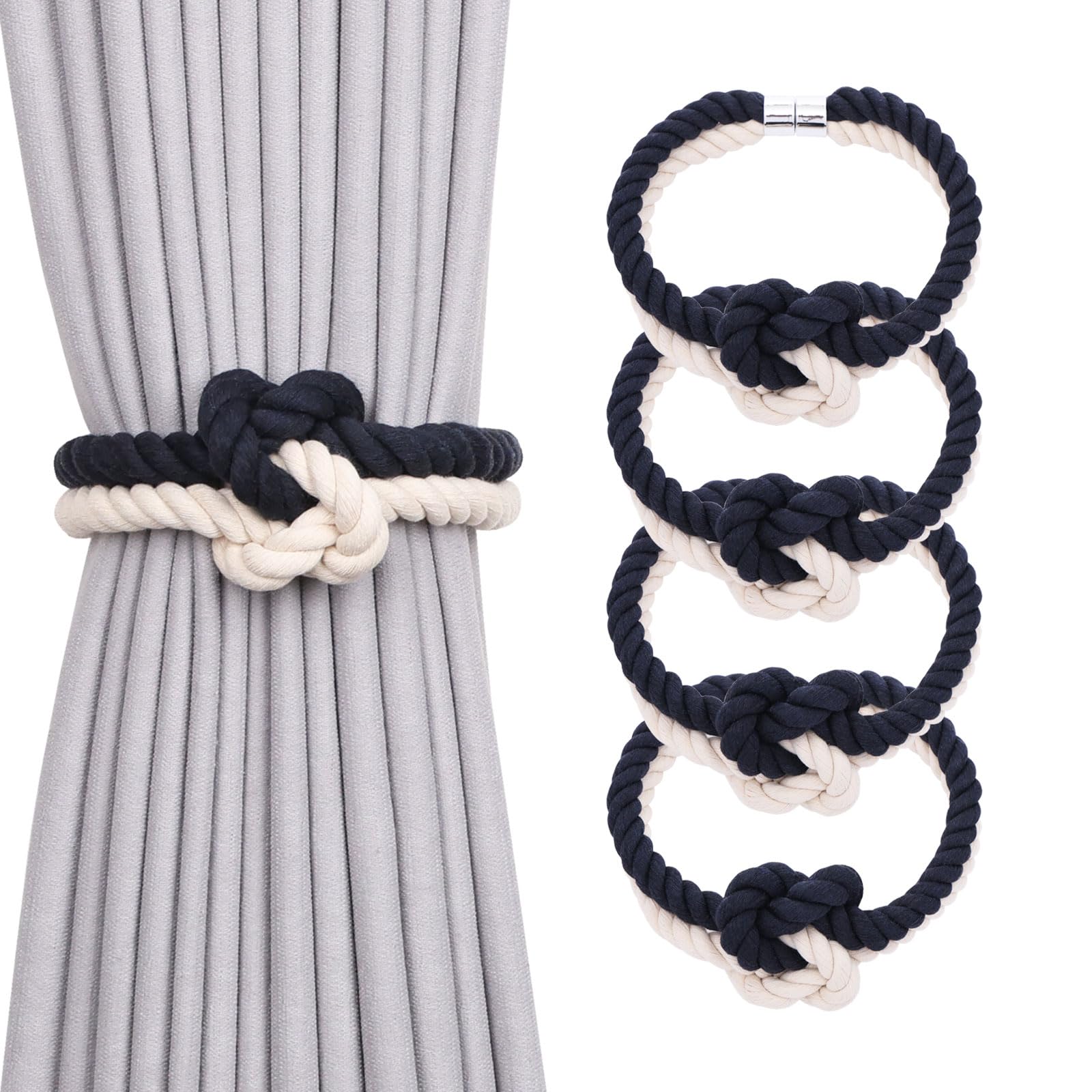Pretty Jolly 4 Pack Natural Cotton Rope Magnetic Curtain Tiebacks Elegant Knot Decor Drape Tie Backs Boho Soft Hand Weave Rope Curtain Holdbacks for Home & Office Window Drapery (Dark Blue & Beige)