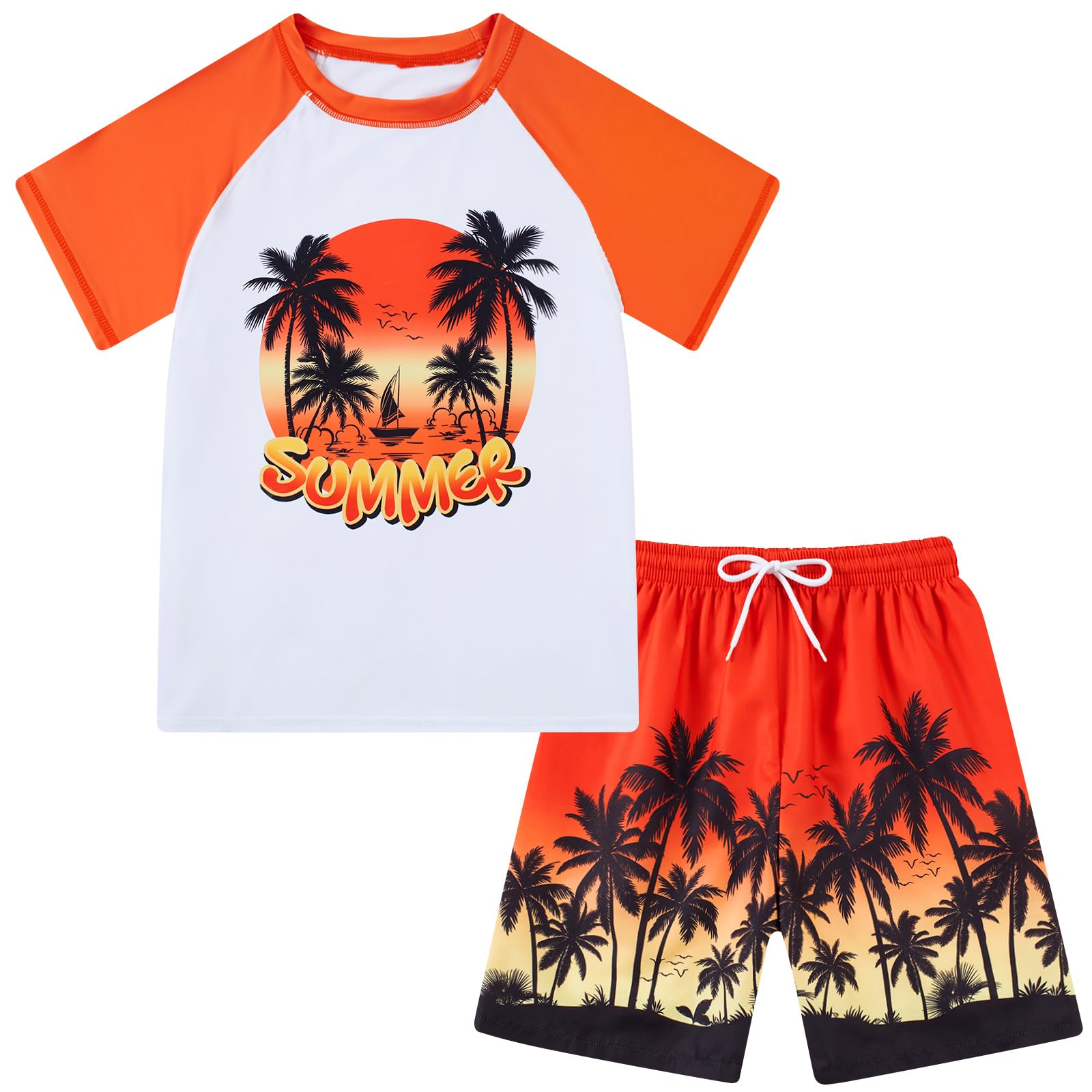 Boys Short Sleeve Rash Guard Swimsuit Set with Swim Trunks for 4-12 Years