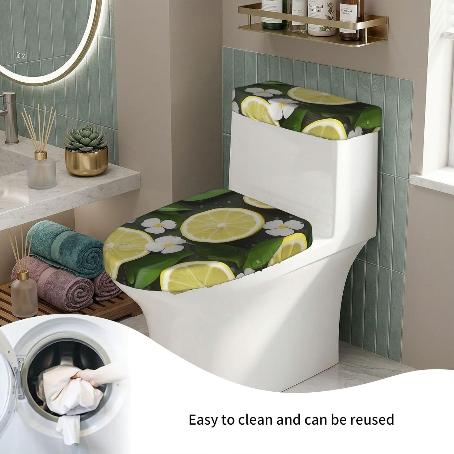 Fresh Lemon Toilet Tank Cover And Toilet Lid Cover Set Stretch Bathroom Toilet Lid Seat Cover