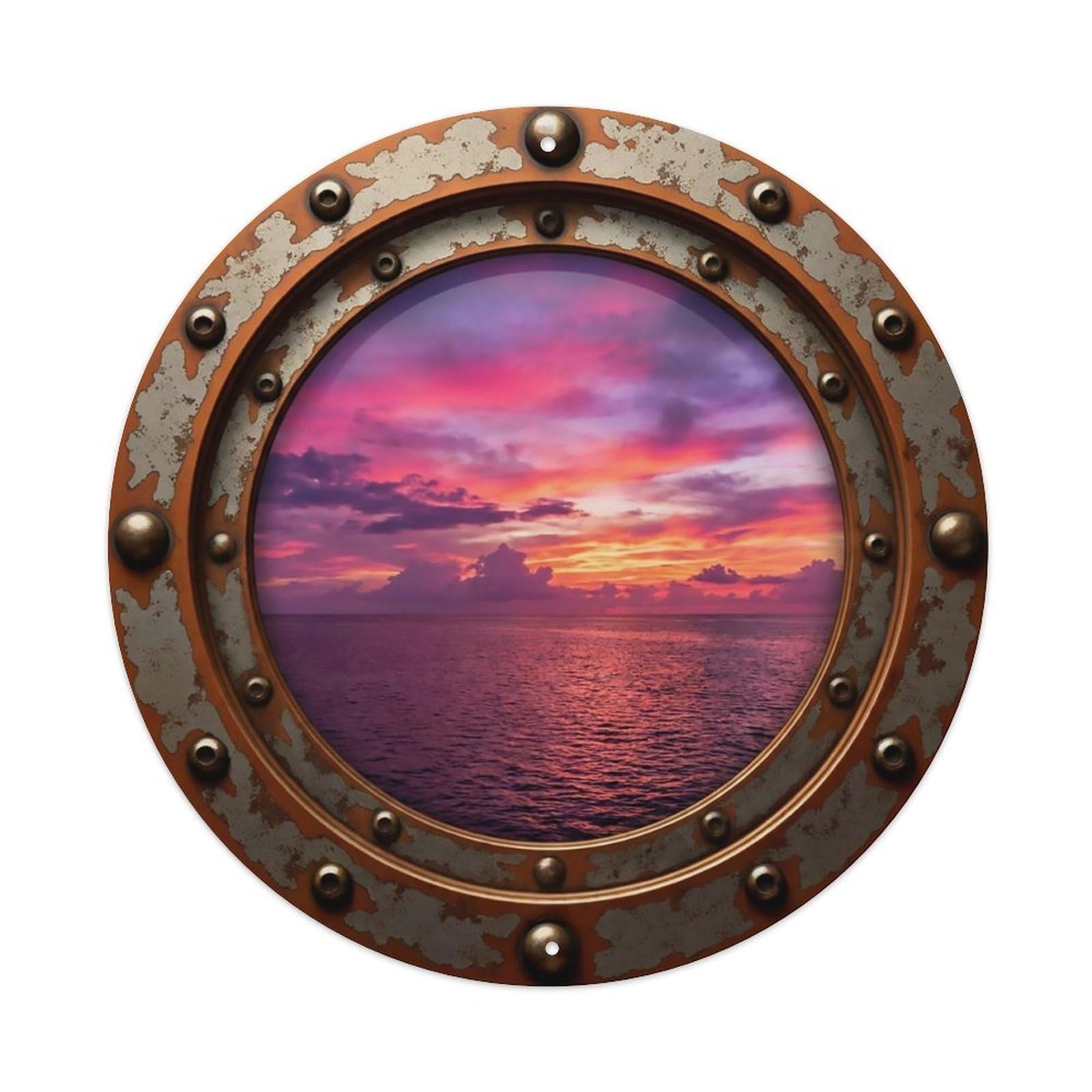 Vintage Porthole Fuchsia Dusk Nautical Window View Metal Tin Sign