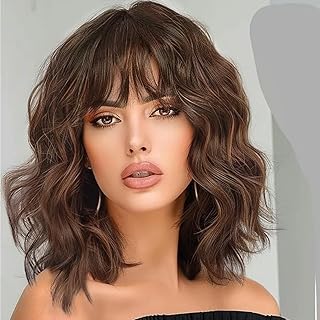 Lativ Brown Highlight Wigs for Women Short Wavy Curly Bob Wig with Bangs...