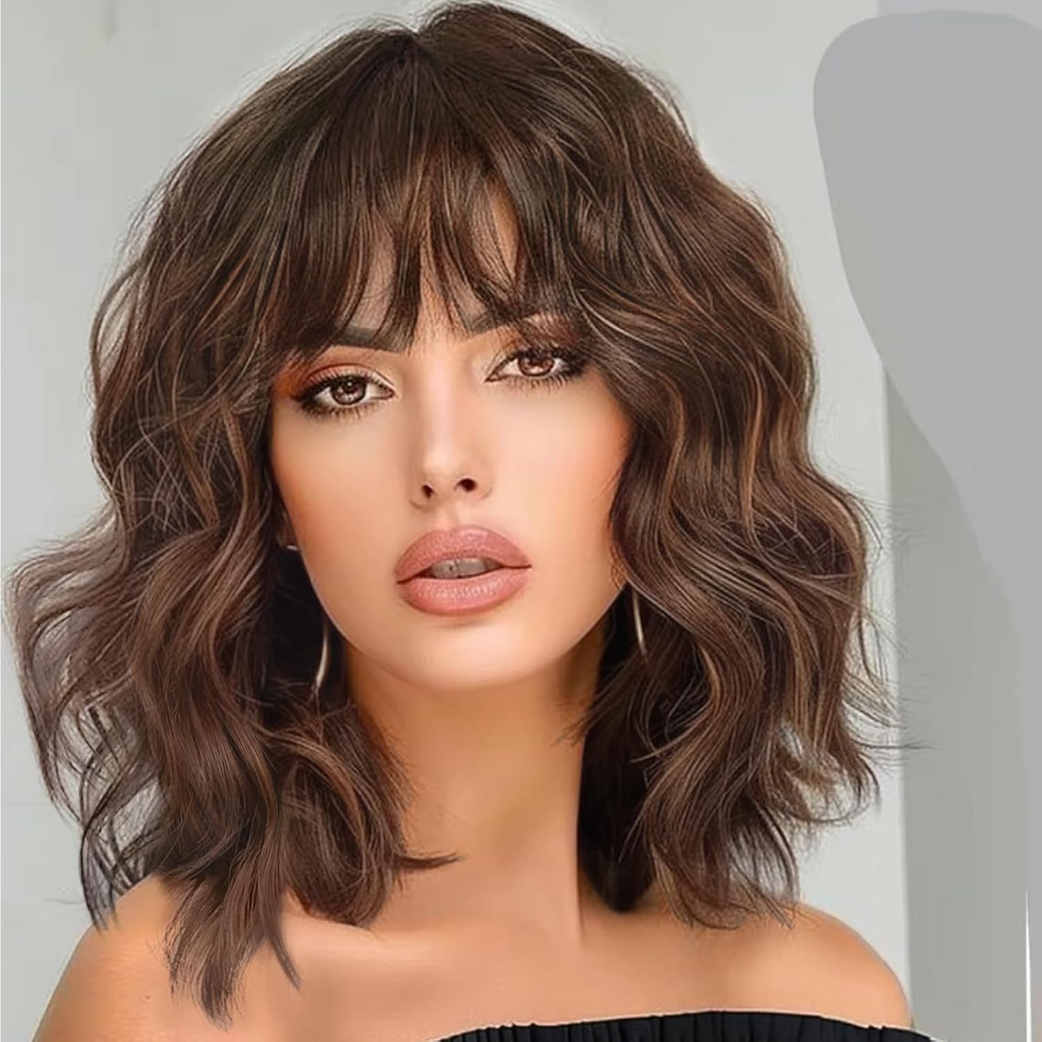Lativ Brown Highlight Wigs for Women Short Wavy Curly Bob Wig with Bangs Shoulder Length 14 Inches Synthetic Hair for Daily Party Use Lativ Brown Highlight Wigs for Women Short Wavy Curly Bob Wig with Bangs Shoulder Length 14 Inches Synthetic Hair for Daily Party Use