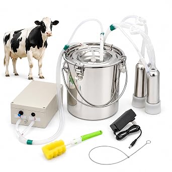 Electric Cow/Goat Milking Machine Kit, Pulsation Cattle Milker with Automatic Stop and Nipple Protection, Portable Electric Milking Device for Small Farms (Cow/Cattle, 5L)