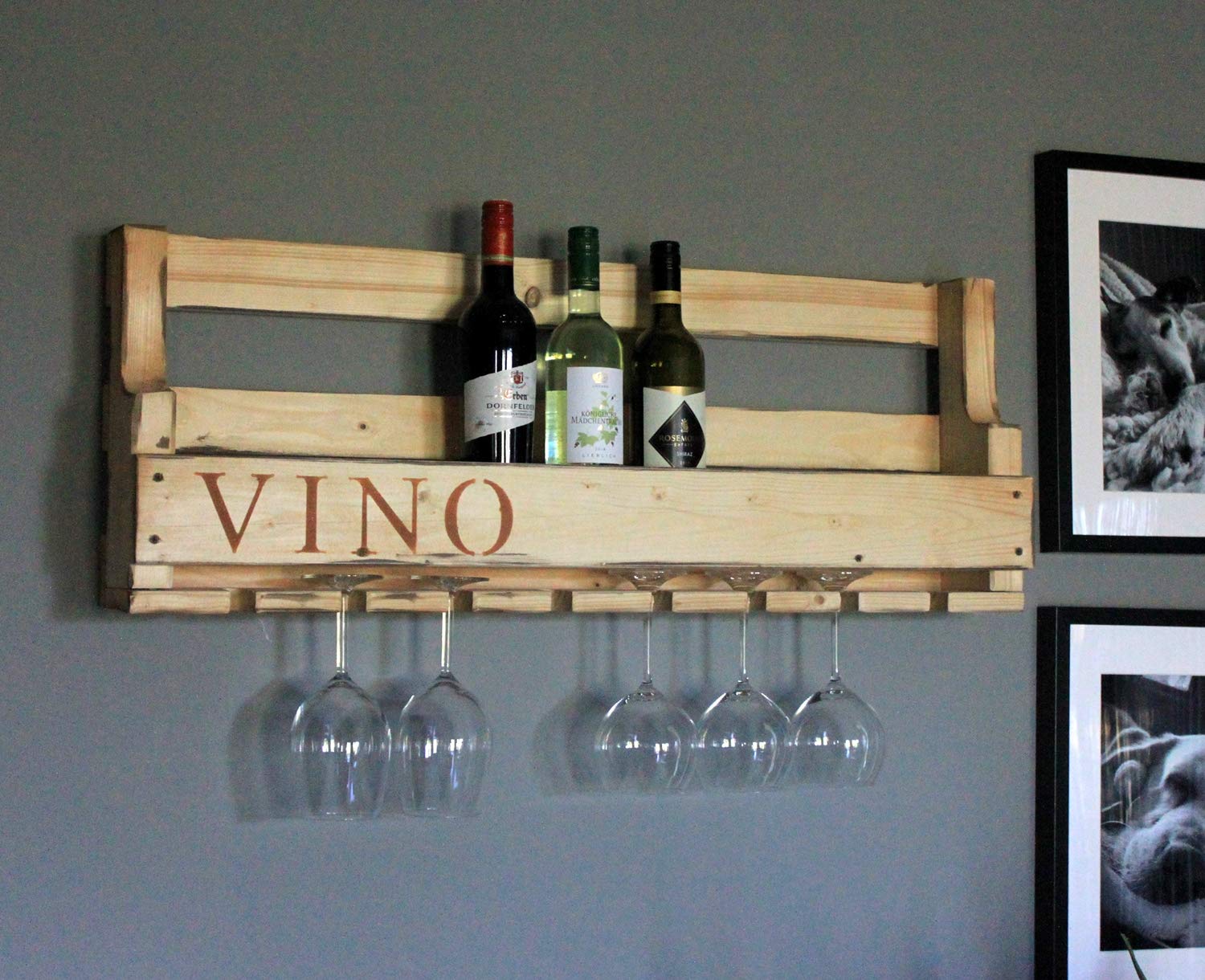 Dekorie Botellero de Madera para la Pared - Con Soporte para Copas y Texto Vino - Blanco - Montado - Estantería para Botellas y Copas — view 10