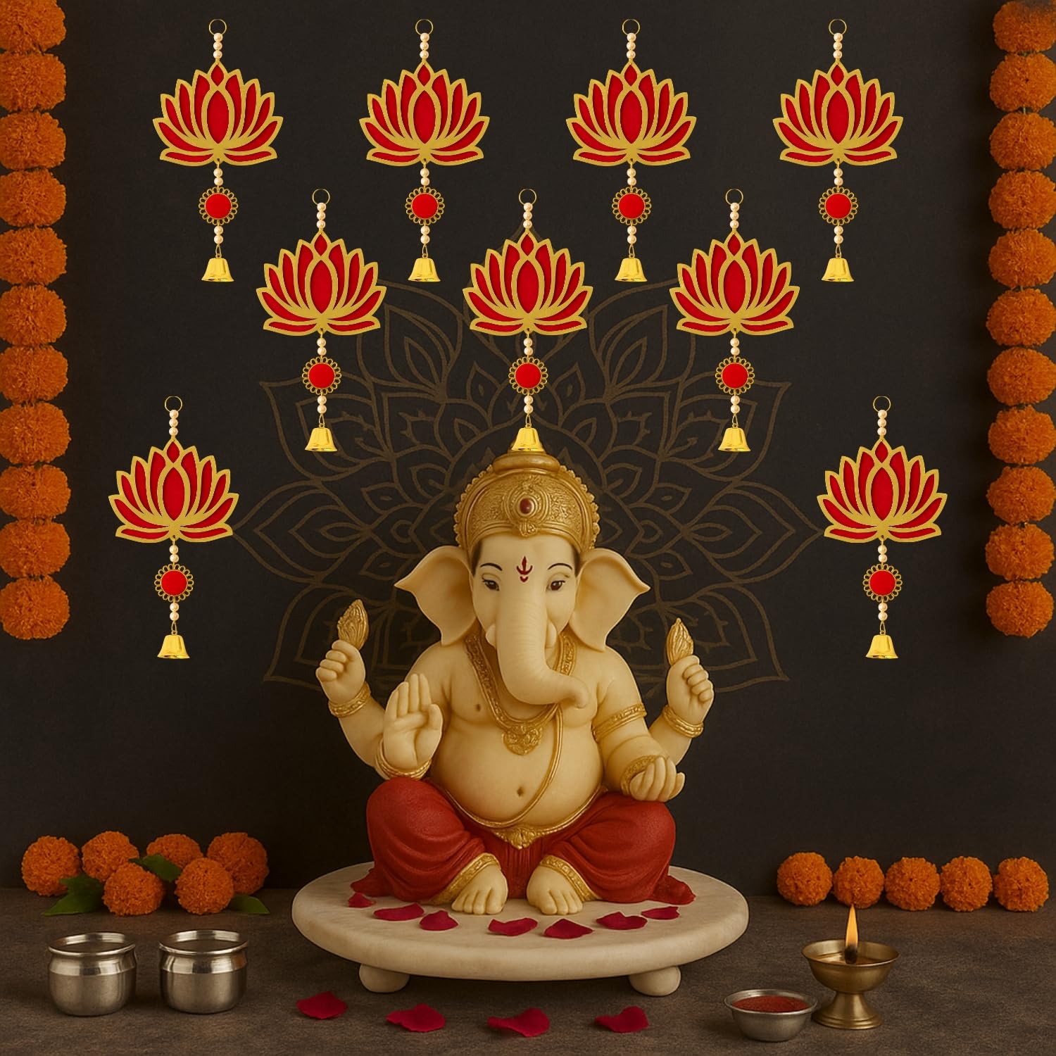 Diwali Lotus Decorations - Red & Gold Hanging -3