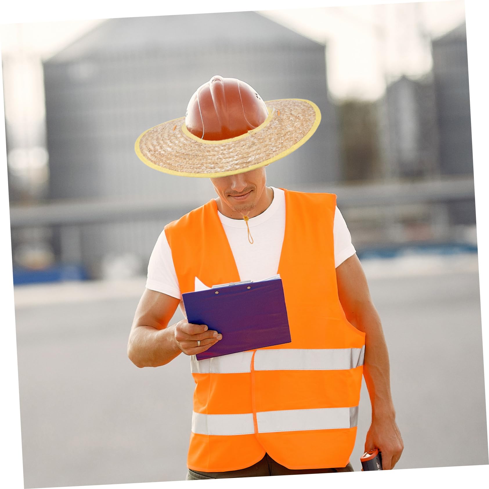 Strohhelm Sonnenschutz für Bauhelme mit Breiter Krempe 2 Stück | Weizenstroh, Leichtes Design, für Outdoor Aktivitäten und Baustelle, Zufällige Bandfarbe Zufällige Farbe