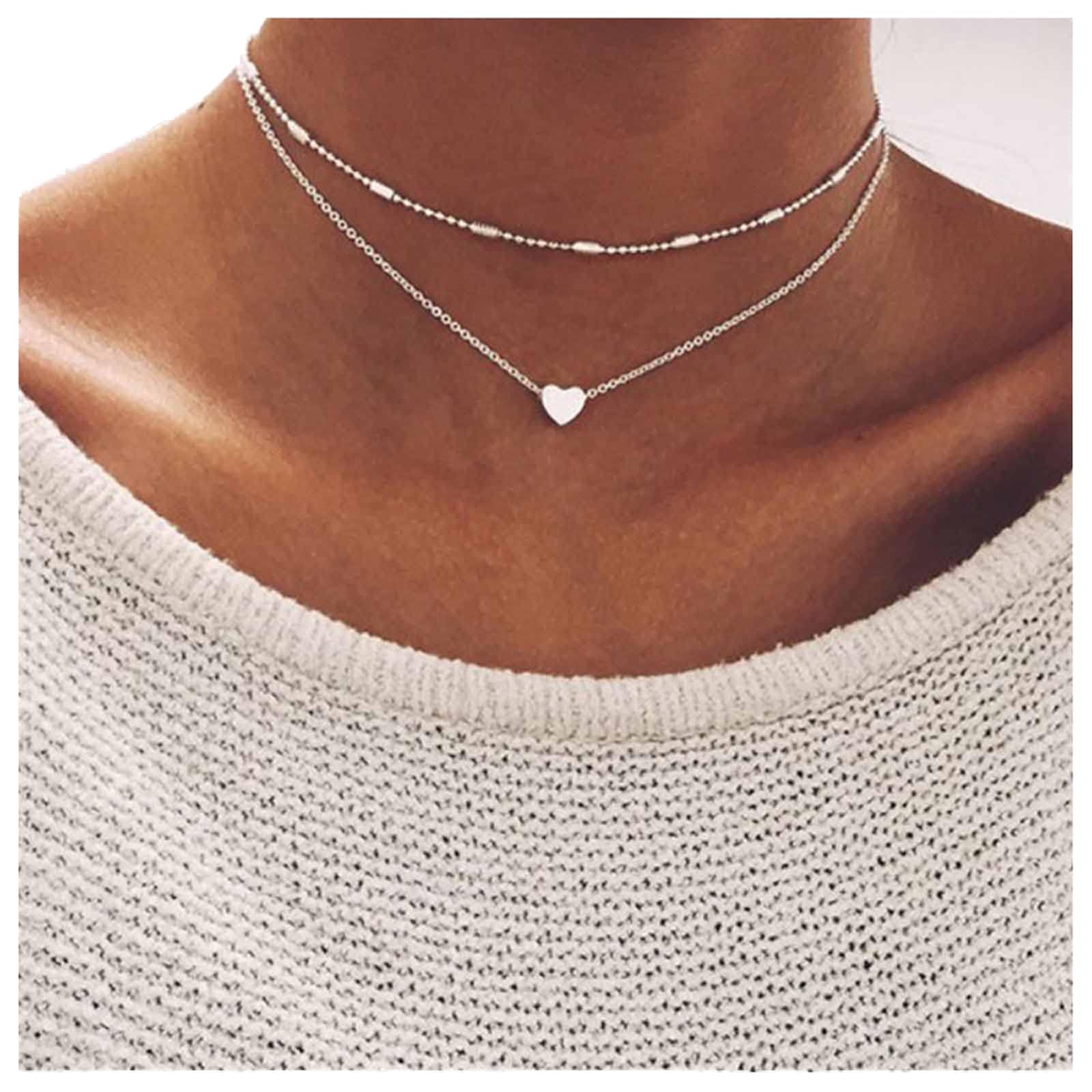 Dervivea Boho capas collar cadena plata satélite gargantilla amor corazón colgante collar bola estación joyería para mujeres y niñas 2 piezas