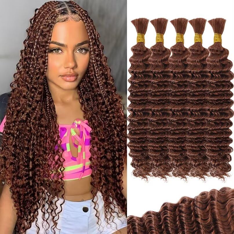 12A #30 Auburn Brown Human Braiding Hair for Boho Braids 5 Bundles 14 Inch 160g Deep Wave Braiding Hair for Bohemian Knotless Braids 100% Unprocessed Virgin Bulk Hair Extensions No Weft