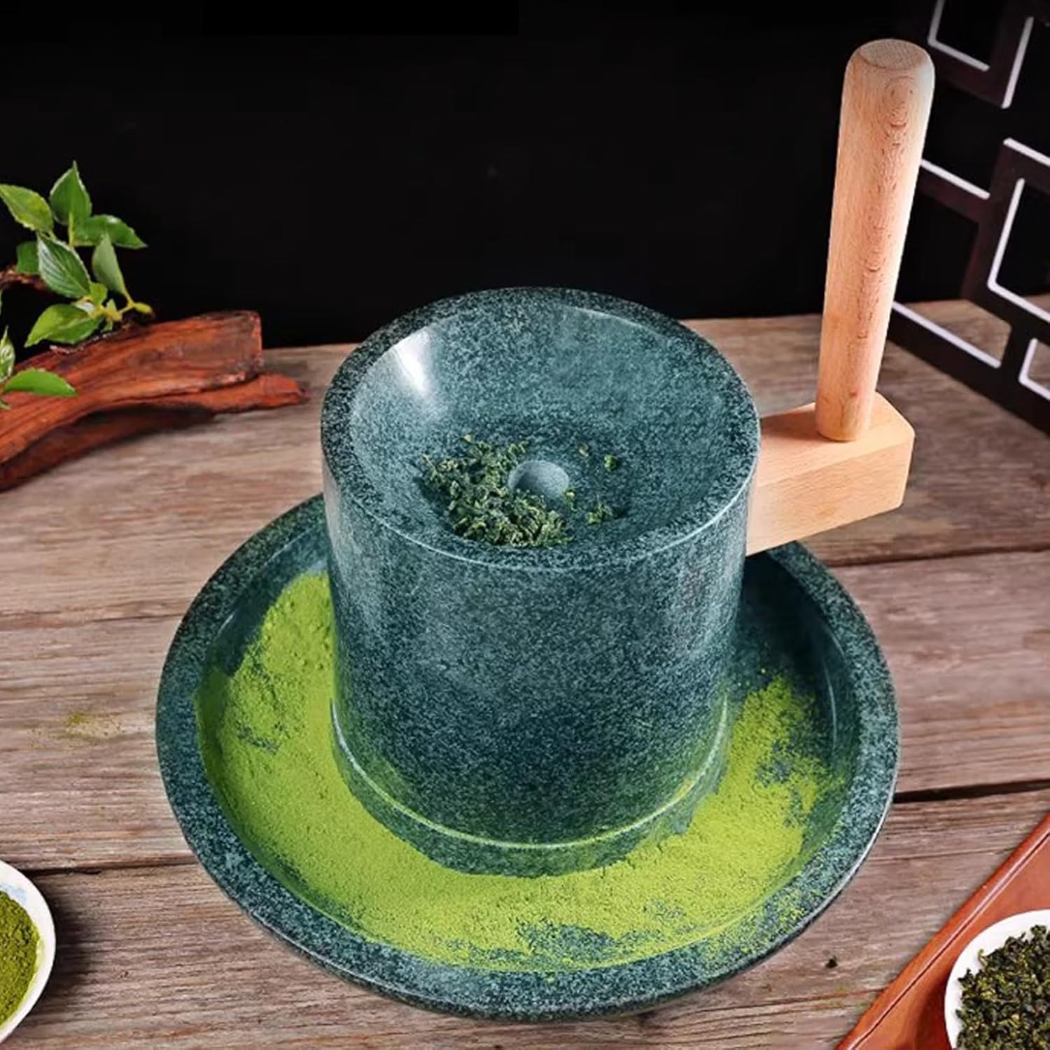 家庭用ラピスラズリ・ヴィンテージ小型石臼, 抹茶石臼 木製スタンド付, 穀物、豆類、大麦、その他ウェット＆ドライ食品を粉砕します(S