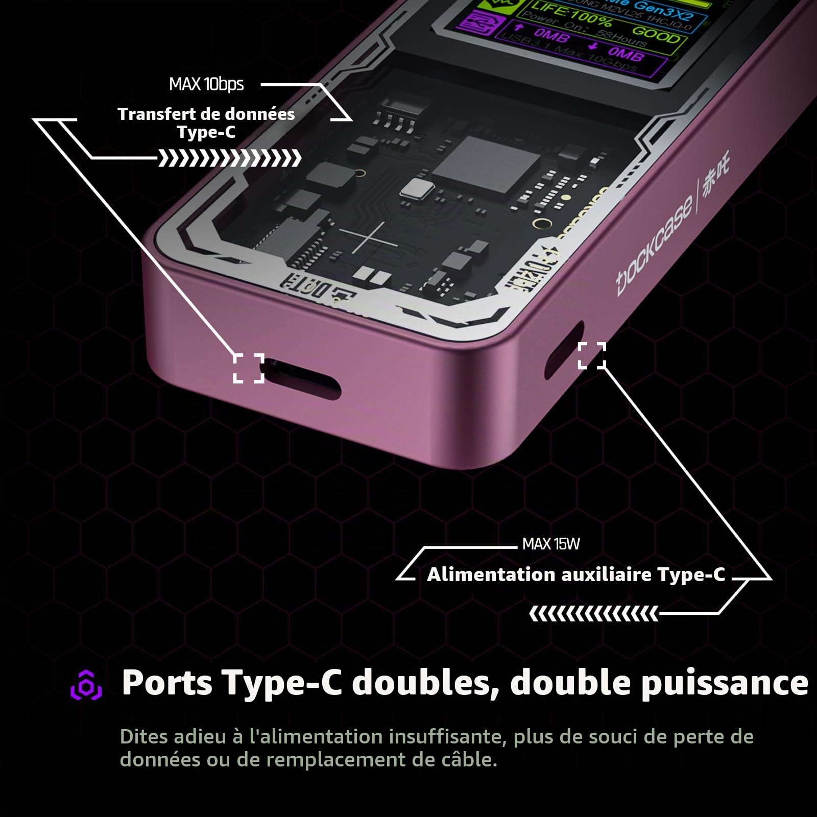 DOCKCASE Explorer Edition Smart Boîtier M.2 NVME, Protection 10s Contre Les Pertes de Courant, Détection de l'État SSD, USB 3.2 (10 Gbps), Pour NVMe Jusqu'à 4 To, Rosa