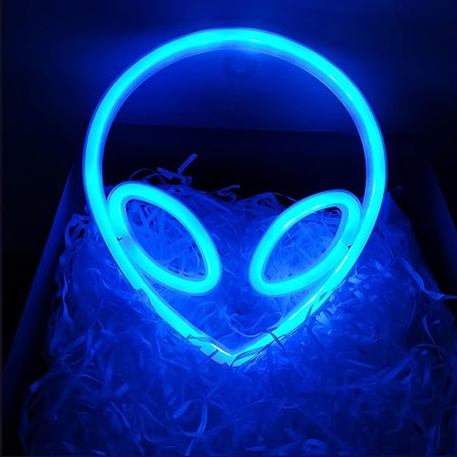 Miniatura 8 de Letrero de neón con cabeza de alienígena, 1 unidad, luz de neón de alienígena verde y morado, USB o 3 pilas AA, divertido letrero de neón iluminado