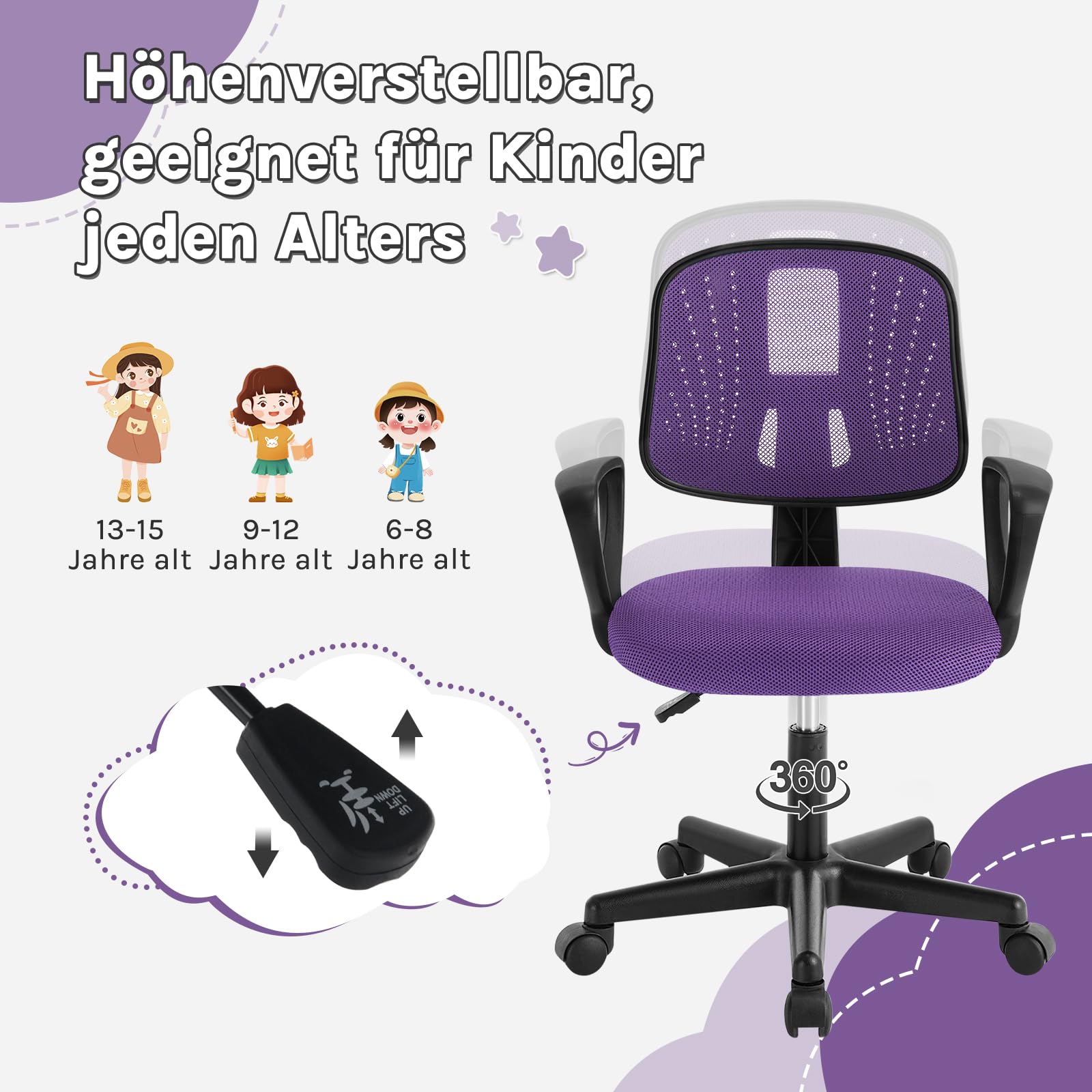 Schreibtischstuhl Kinder, Kinderschreibtischstuhl ergonomisch, Drehstuhl Kinderstuhl höhenverstellbar, mit Rollen Armlehnen, atmungsaktive Netzstoff-Rückenlehne, Lila
