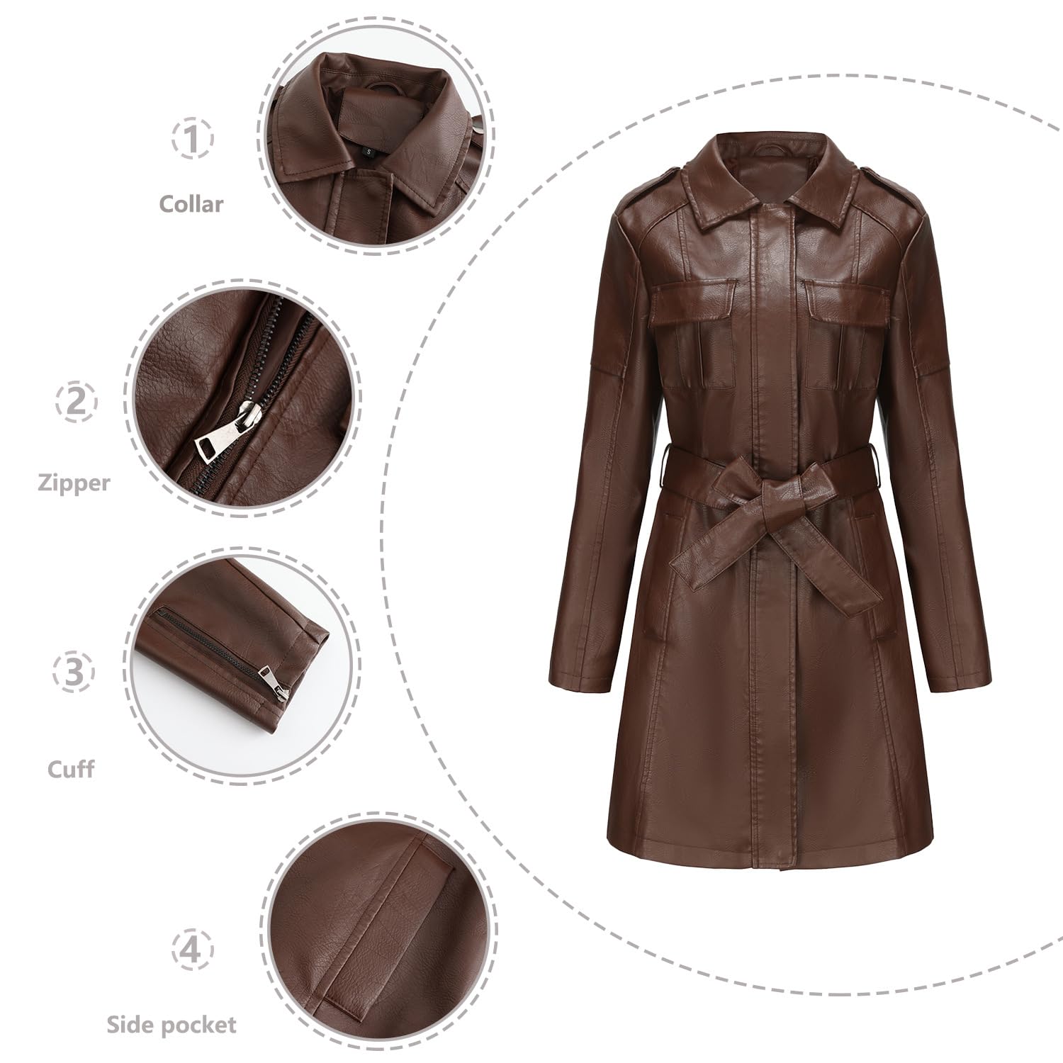 Mittellange Lederjacke mit Gürtel Langärmeliger Leder-Trenchcoat für Frühjahr/Herbst Modischer Mantel im britischen Stil für Damen