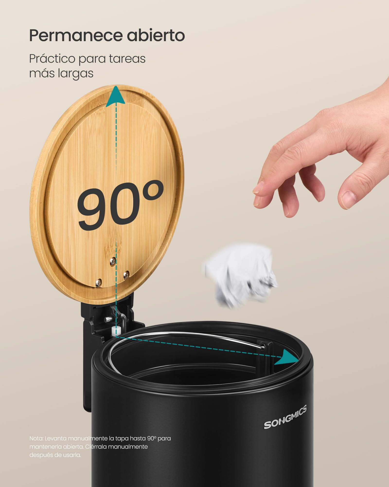 SONGMICS Papelera Pequeña, Cubo de Basura con Tapa de Bambú, Pedal de Metal, Cubo Interior Extraíble, Cierre Suave, para Baño, 3 L, Negro Tinta LTB113BZ01