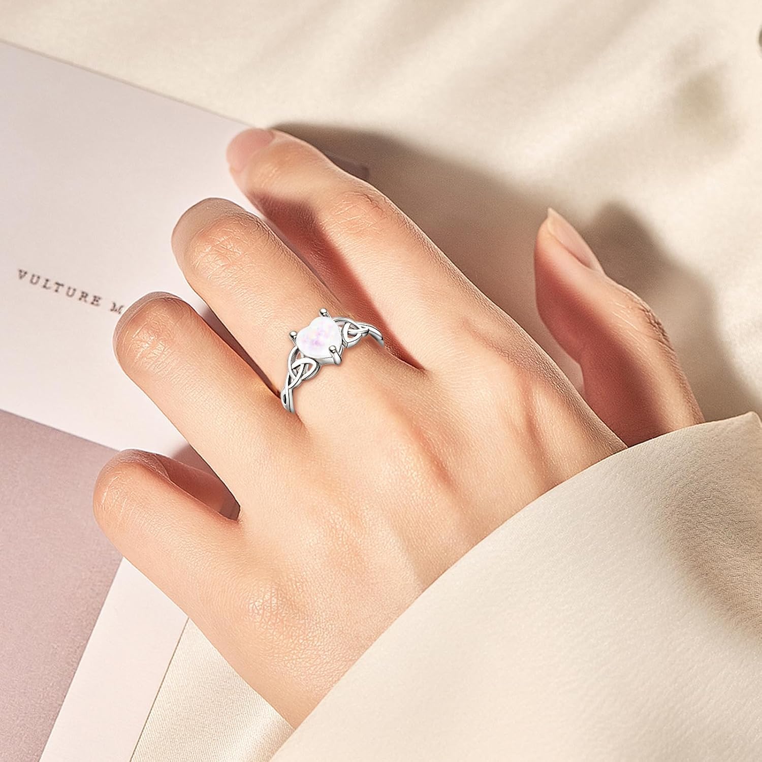 Celtic Knot Open Ring S925 Sterling Silver Heart Synthetic Opal Triquetra Adjustable Ring Bohemian Wedding Promise Band Witch Knot Love Heart Design Irish Jewelry Gifts for Women Party Birthday