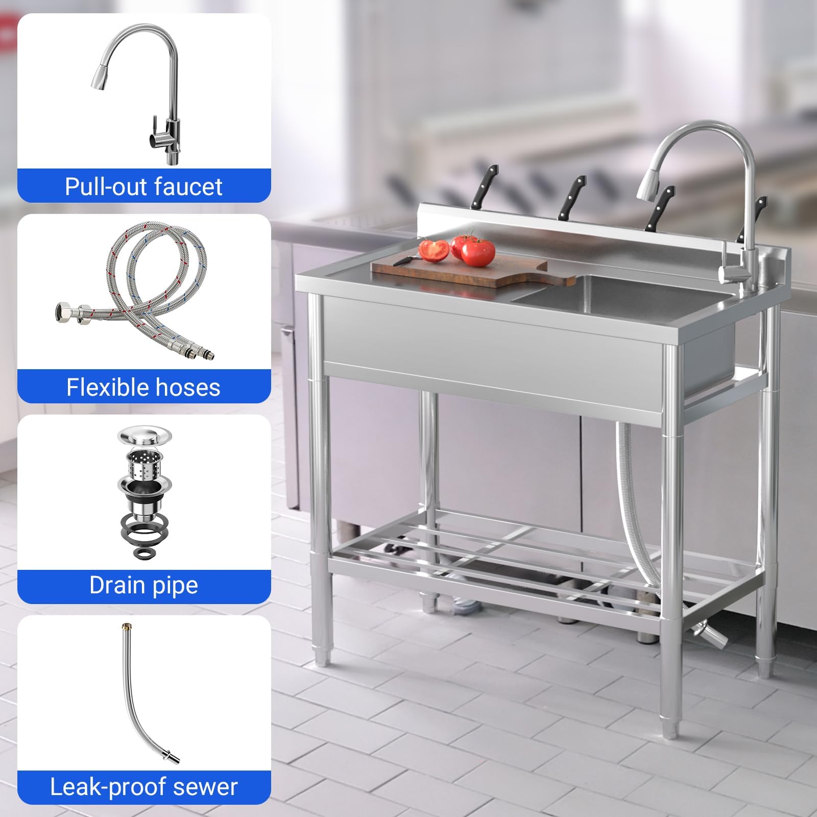 Fregadero utilitario independiente de acero inoxidable con cubeta única, encimera integrada y respaldo – Grado comercial, resistente a la oxidación y fácil de limpiar – Para lavandería, garaje y