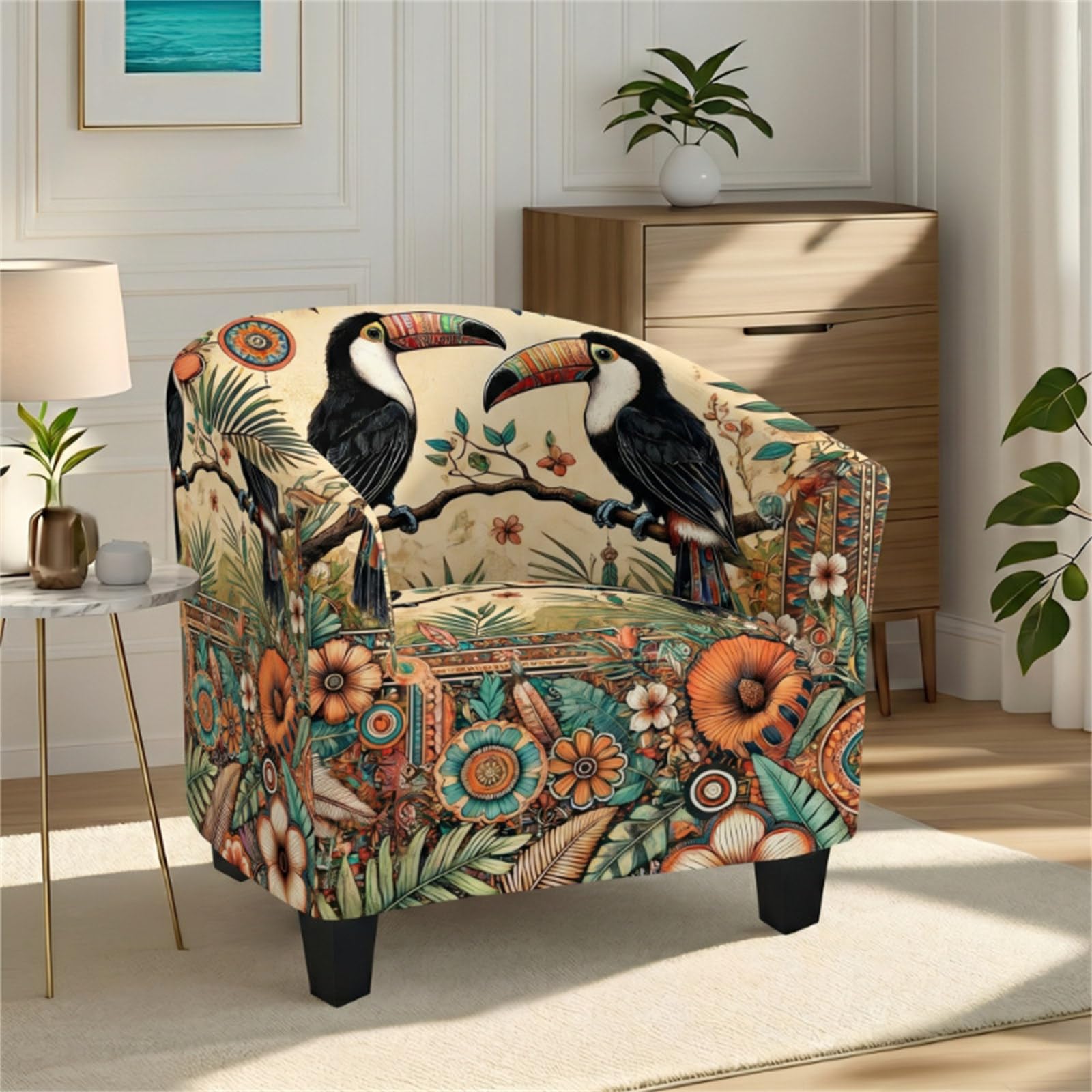 FANSU Tub Chair Cover for Armchairs Stretch Botanical print Slipcover Dust Proof 1 Pieces Sofa Cover Removable Washable Furniture Pet Protector Covers for Club Tub Chairs (Toucan)