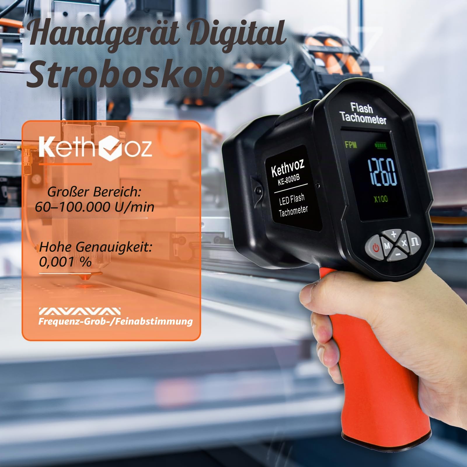 Digital Strobe Tachometer, Kethoz Handheld Stroboscope Speedometer Measure Motor Propeller Rotational Speed 60-100000 U/min mit 0.001%, Phasenanpassung, Akkubetrieben Non-Kontakt Stroboskop KE-8000B