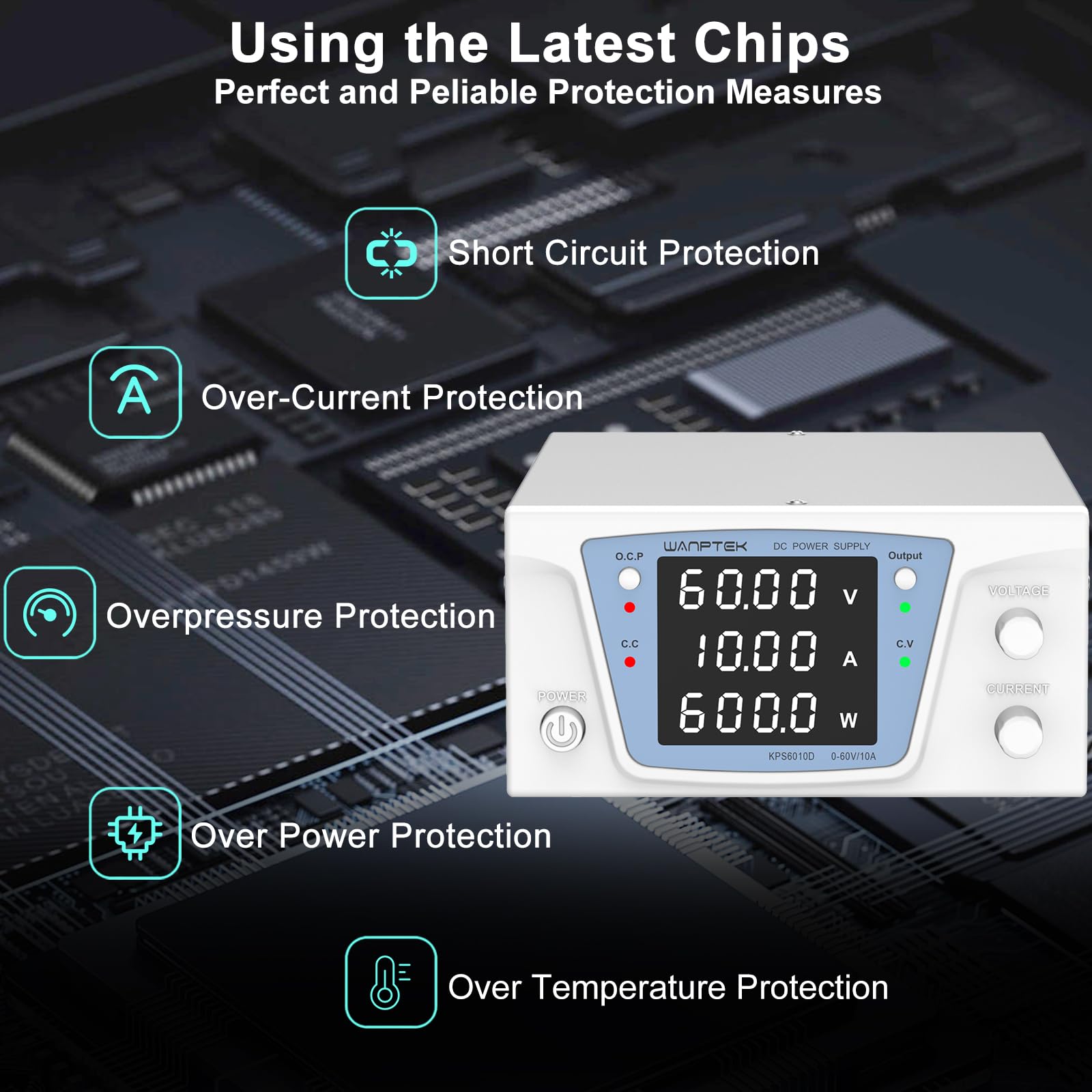 Alimentatore da Laboratorio 60V 10A 600W, Alimentatore da Banco DC Regolabile ad Alta Potenza, Display LED 4 Cifre ad Alta Precisione, Controllo Encoder e Pulsante Output