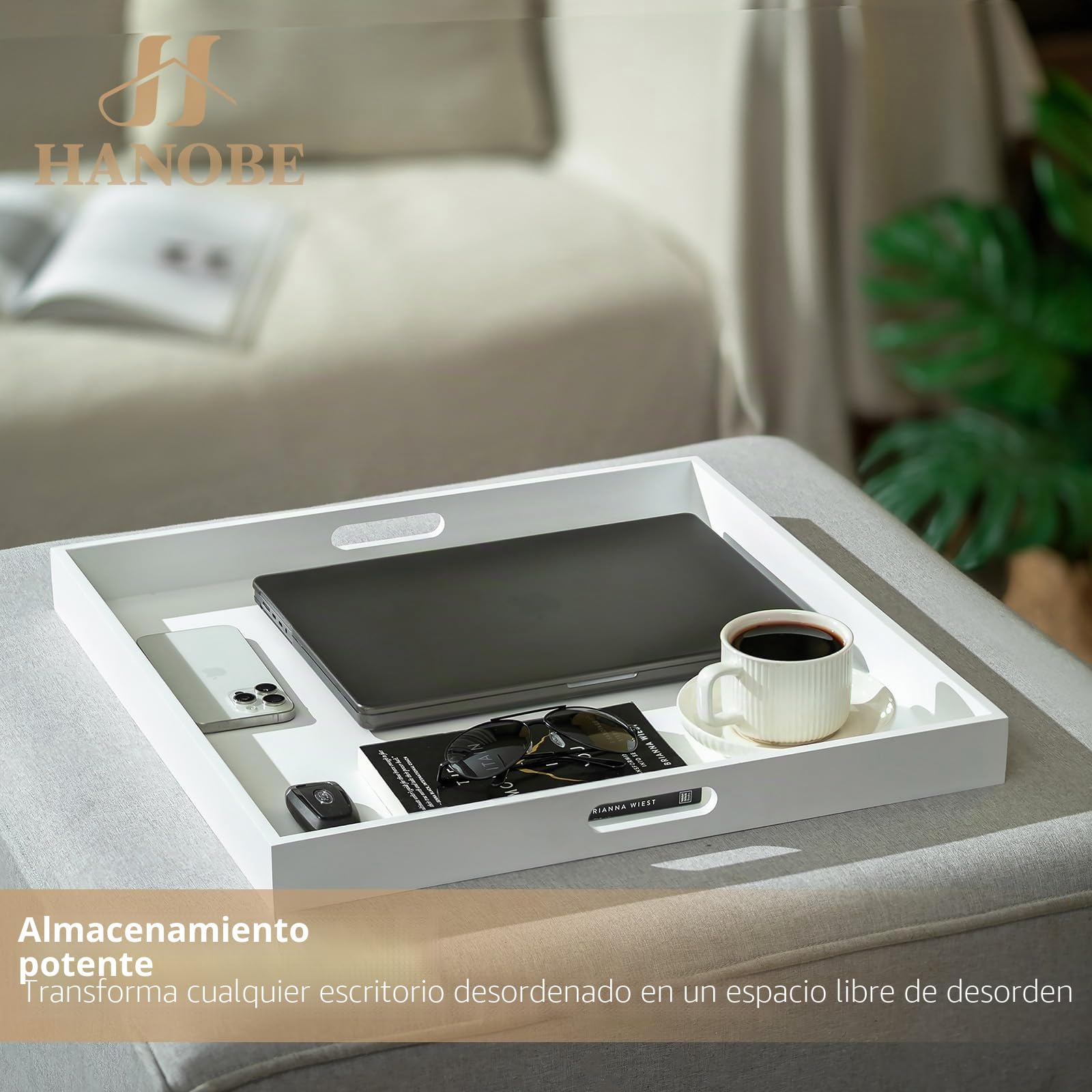 Hanobe Bandeja otomana cuadrada grande: modernas bandejas decorativas extragrandes blancas con asas recortadas para sala de estar, mesa de café, hogar, 20 pulgadas