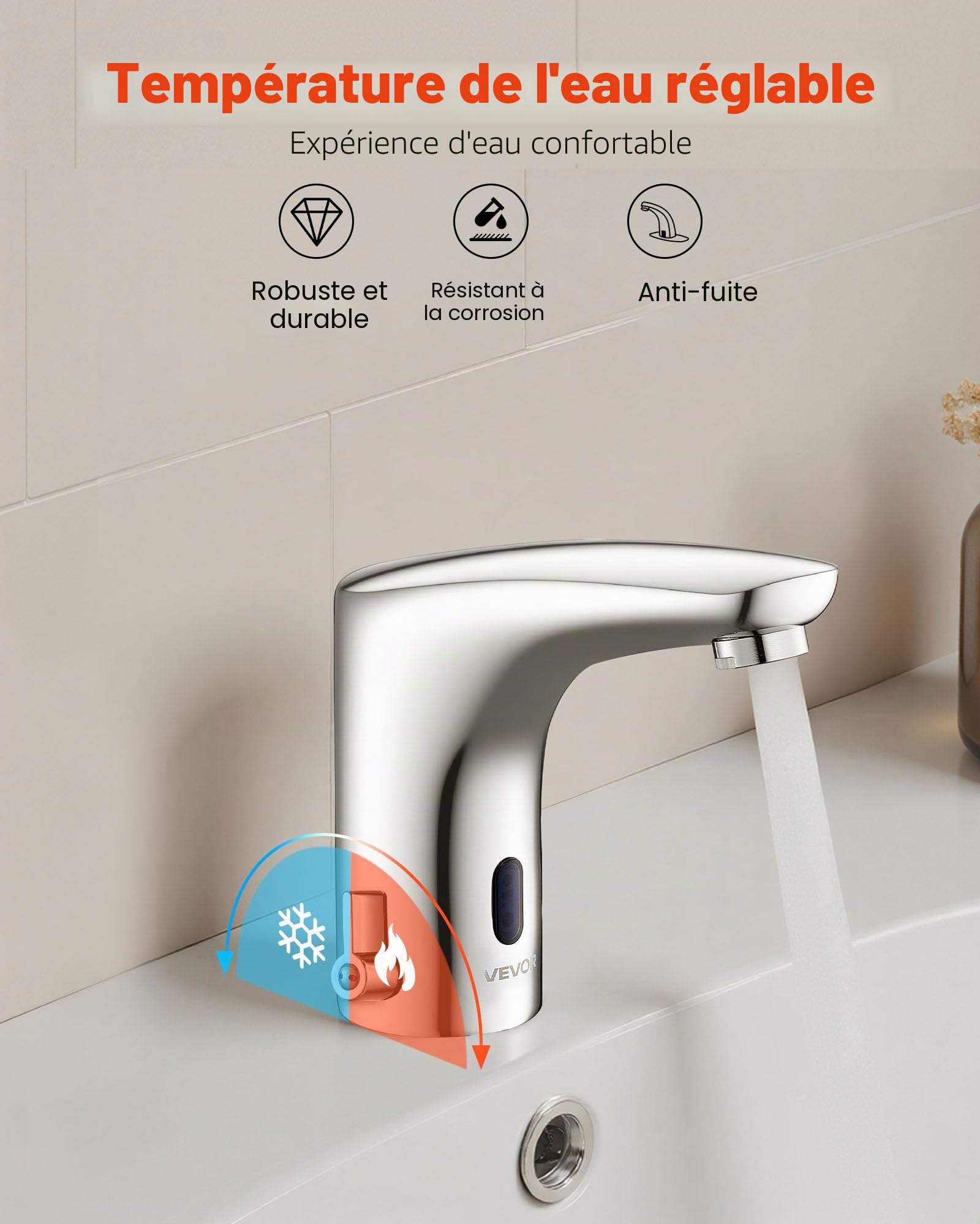 VEVOR Mitigeur Automatique sans Contact, Robinet à Capteur de Lavabo, Mélangeur d’Eau Chaude et Froide Réglable Mains Libres, à Piles, pour Tuyau 9,5 mm, Bar Cuisine Salle de Bain, Chromé Argent
