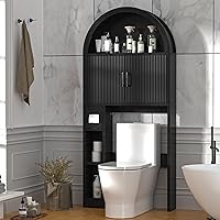 OUTGUAVA Over the Toilet Storage Cabinet - Arched Black Bathroom Organizer with Adjustable Shelf, Anti-Tip & Tissue Hook