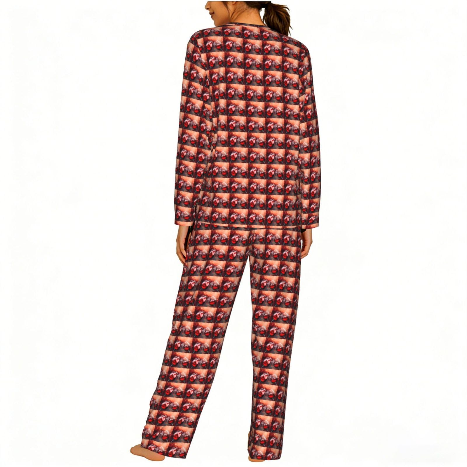 Set pigiama da donna a maniche lunghe con stampa di bicchieri di vino rosso con coulisse elastica morbida abbigliamento da giorno casual