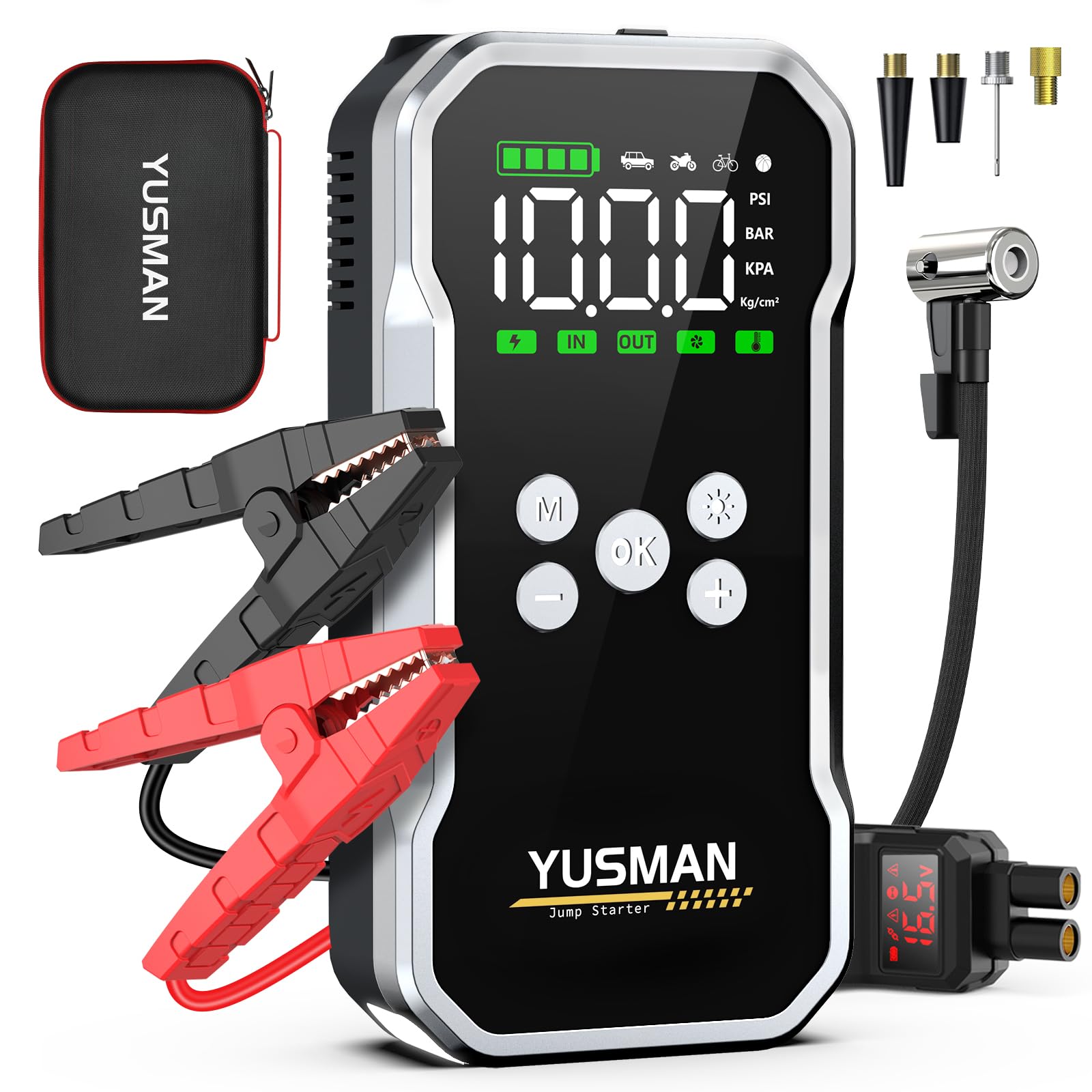 YUSMAN Arrancador de Baterias de Coche con Compresor de Aire, 12V 6000A Arrancador Coche Portatil con Inflador de 150 PSI (para 10L Gasolina o 8L Diesel), Linterna LED de Emergencia